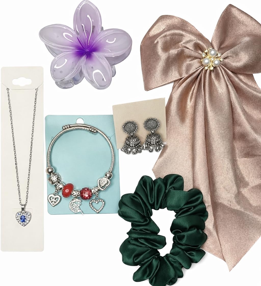 6-Piece Fashion Accessories Gift set with Hair Bow, Pendant Chain, Bracelet, Earrings, Scrunchie, Flower Clip (Random color and design)