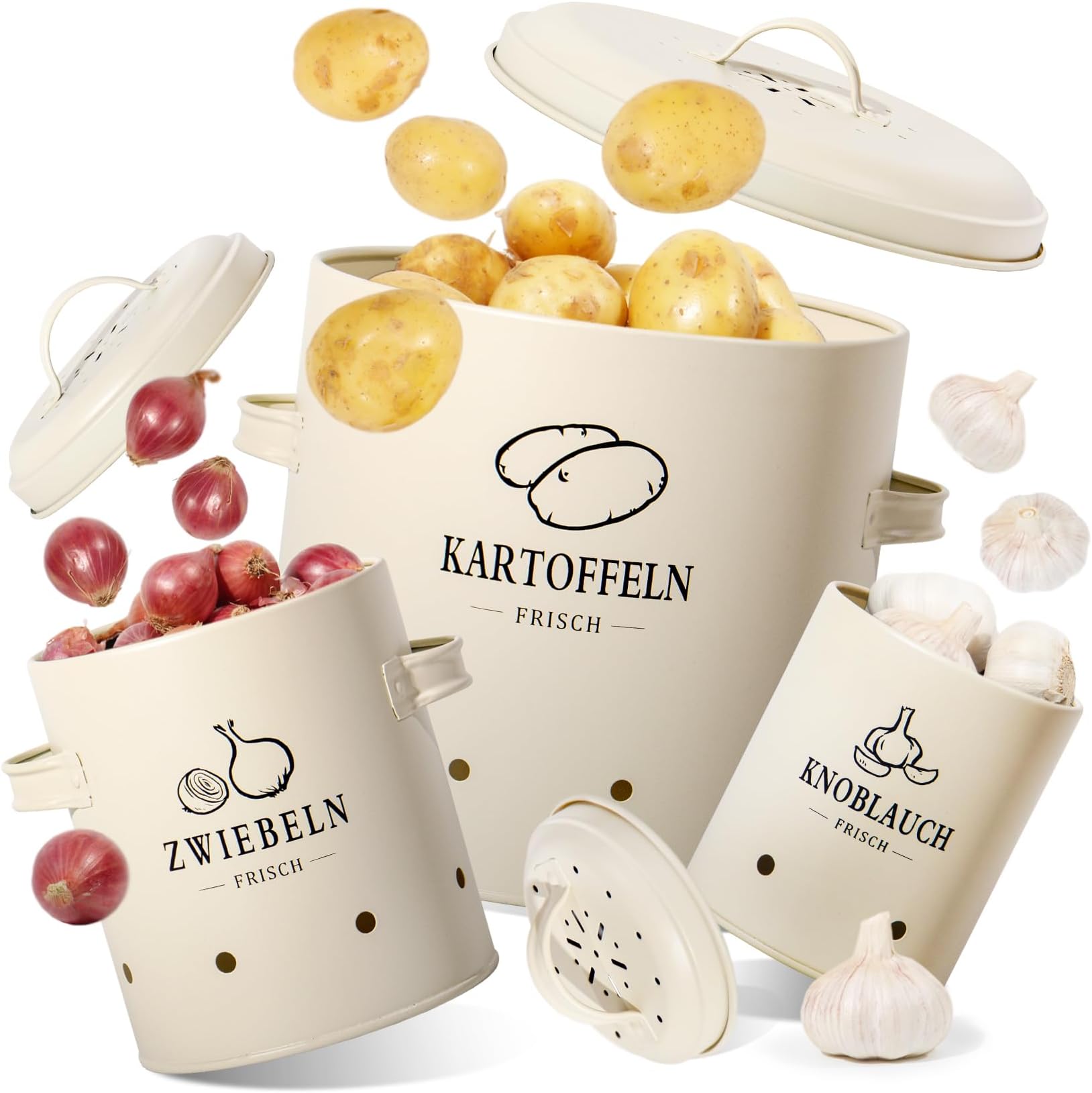 Relaxdays Gemüse Aufbewahrungsbox 3er Set - Für Kartoffeln, Zwiebeln & Knoblauch | Metall