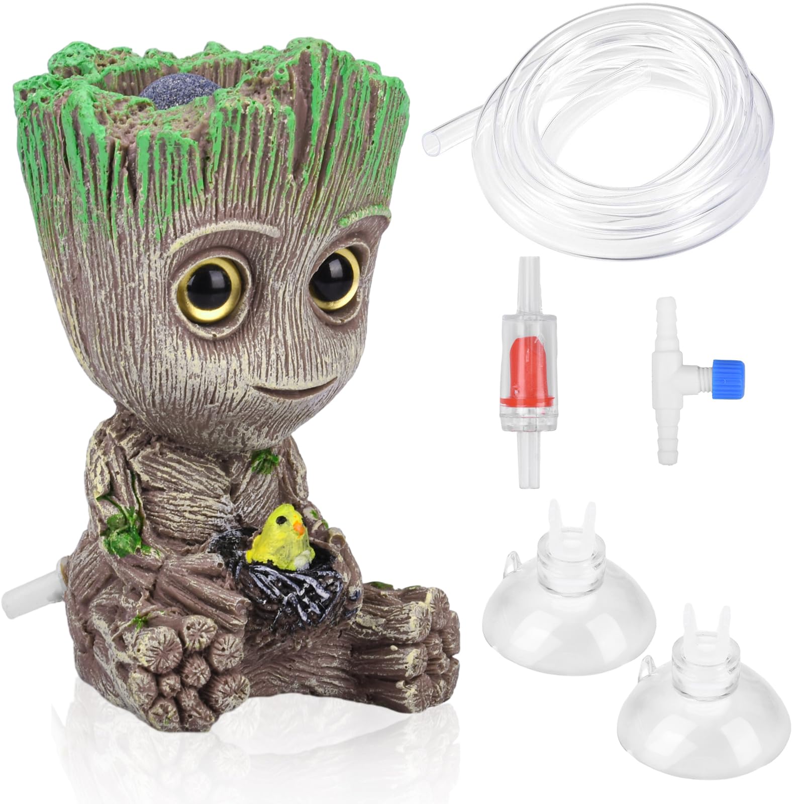 MINSHUXI Treant Groot Decoración de Acuario Paisajismo Artificial Decoración de Piedra de Burbujas con Kit de Válvula de Retención, Manguera de 25cm, Ventosa * 2
