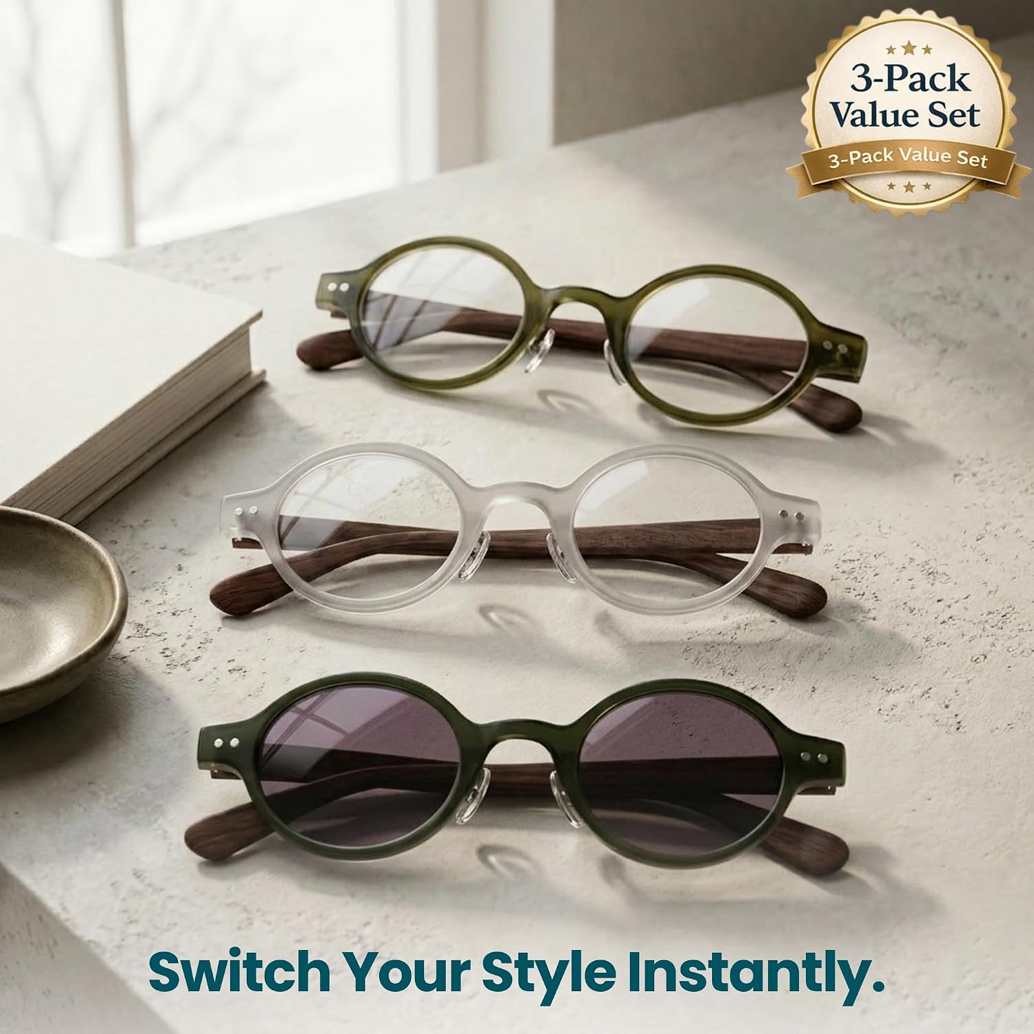 2SeeLife 3-Pack Small Round TR-90 Reading Glasses for Men & Women - Narrow-Medium Fit, Sturdy Frame, Spring Hinges, Retro Readers, Green, Clear, Sun Readers - Green, +2.50