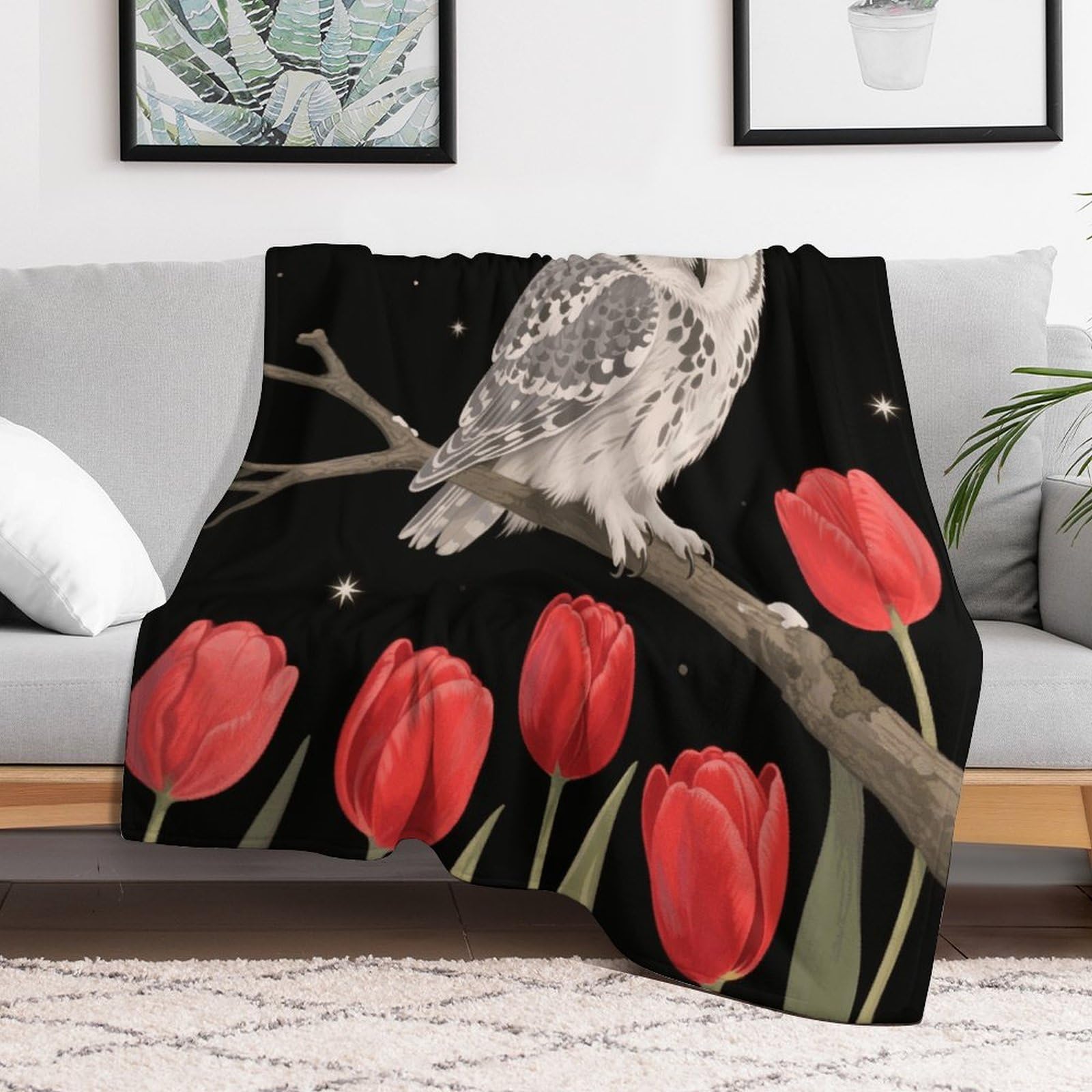 Custom Owl Red Flower Blanket Lightweight Flannel Fleece Throw for Couch Sofa Bed Luxury Soft Cozy Plush Lap Bedtime Blanket for All Seasons Bedroom Home Decor Gifts 40x50
