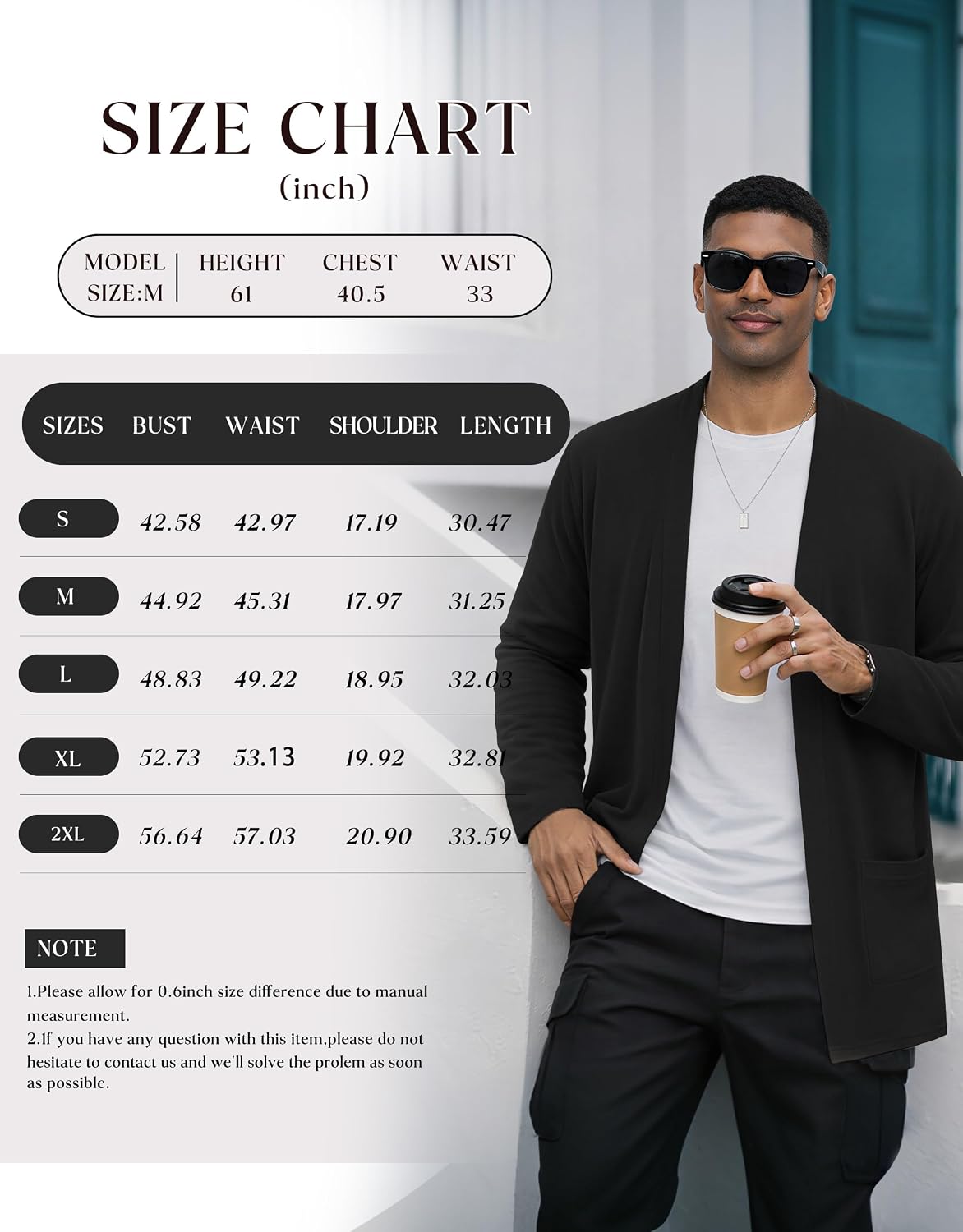 PEGENO Men's Cardigan Lightweight Long Open‑Front Casual Outerwear