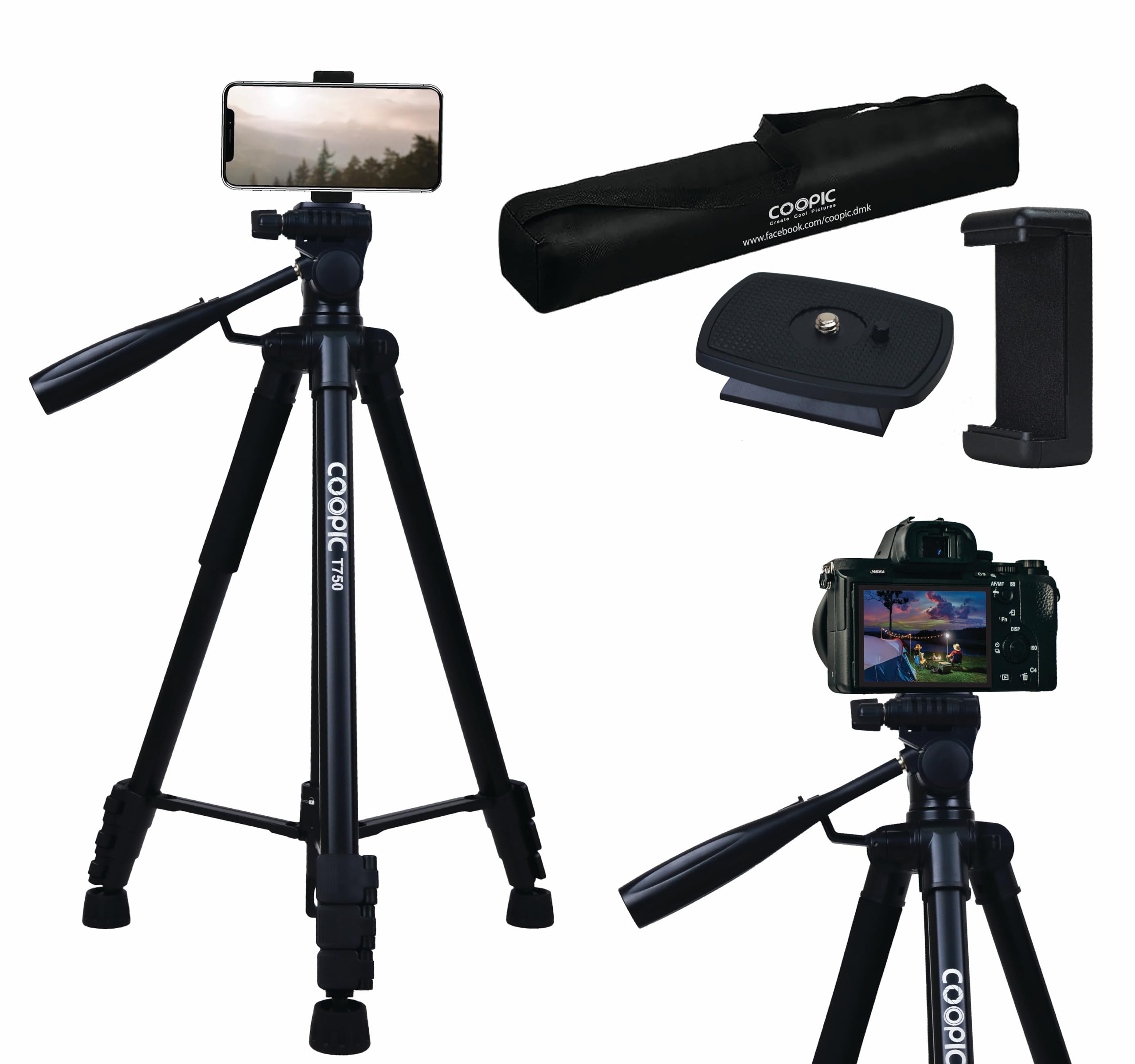 COOPIC T750 Professional Camera & Mobile Tripod 174cm/ 5.7"/ 68.5inch Adjustable Lightweight w/Mobile Holder for DSLR Mirrorless and Smartphone Ideal for Travel Landscape & Portrait Photography