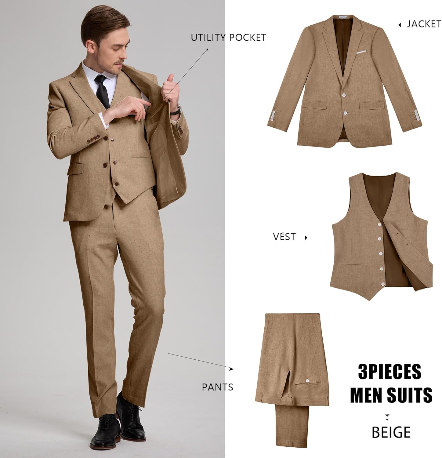 Linen Mens Suits 3 Piece Slim Fit Tuxedo Suit for Men Beach Wedding Formal Business Suit Groom Prom Set Outfits - Image 4