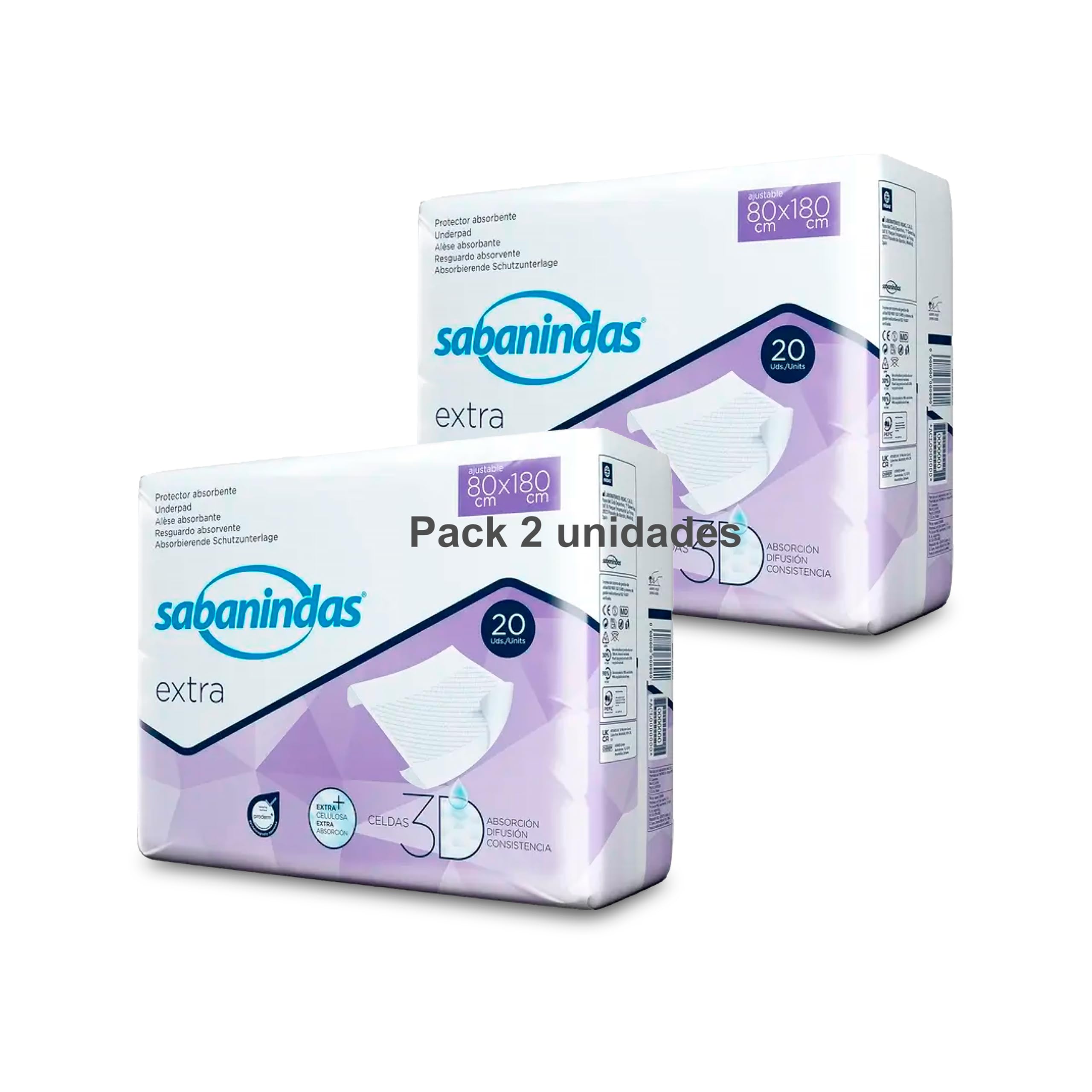 INDAS SABANINDAS - Pack 2 Paquetes de 20 Protectores de Cama Extra 80 x 180 - Protectores Absorbentes, Ideal para Incontinencia, Confort y Seguridad - Libre de Látex