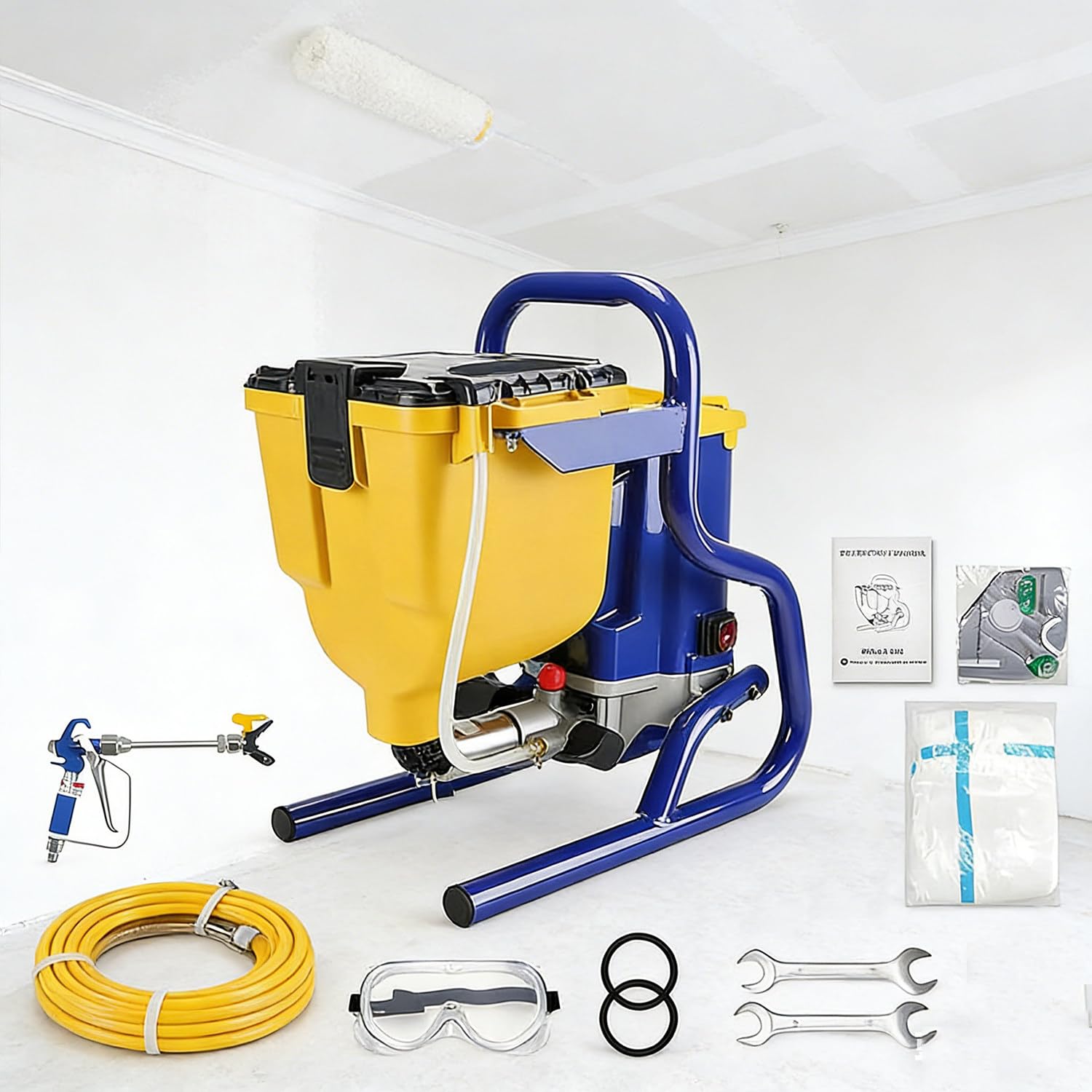 Pulverizador de Pintura sin Aire, Máquina de Pintura Airless para Pintar Exteriores, Interiores con depósito 4,5 L Boca Ancha, Manguera Alta presión 8 m,Boquilla giratoria múltiples ángulos