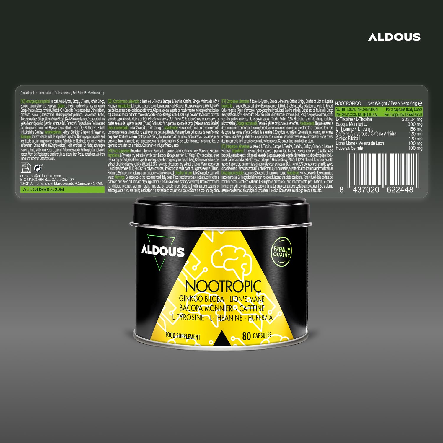 Nootropique Naturel - 80 Gélules - Brain Booster - Focus - Mémoire et Concentration, Énergie - Ginkgo Biloba, Lions Mane, Caféine, Bacopa Monnieri, Tyrosine, Théanine, Huperzia - ALDOUS