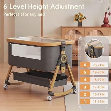 Baby Bassinet, 4 In 1 Portable Bassinet Bedside Sleeper with Wheels Comfy Mattress and Storage Basket, Moises Para Bebe 6 Adjustable Height Rocking Bedside Bassinet for Baby Newborn Boys Girls