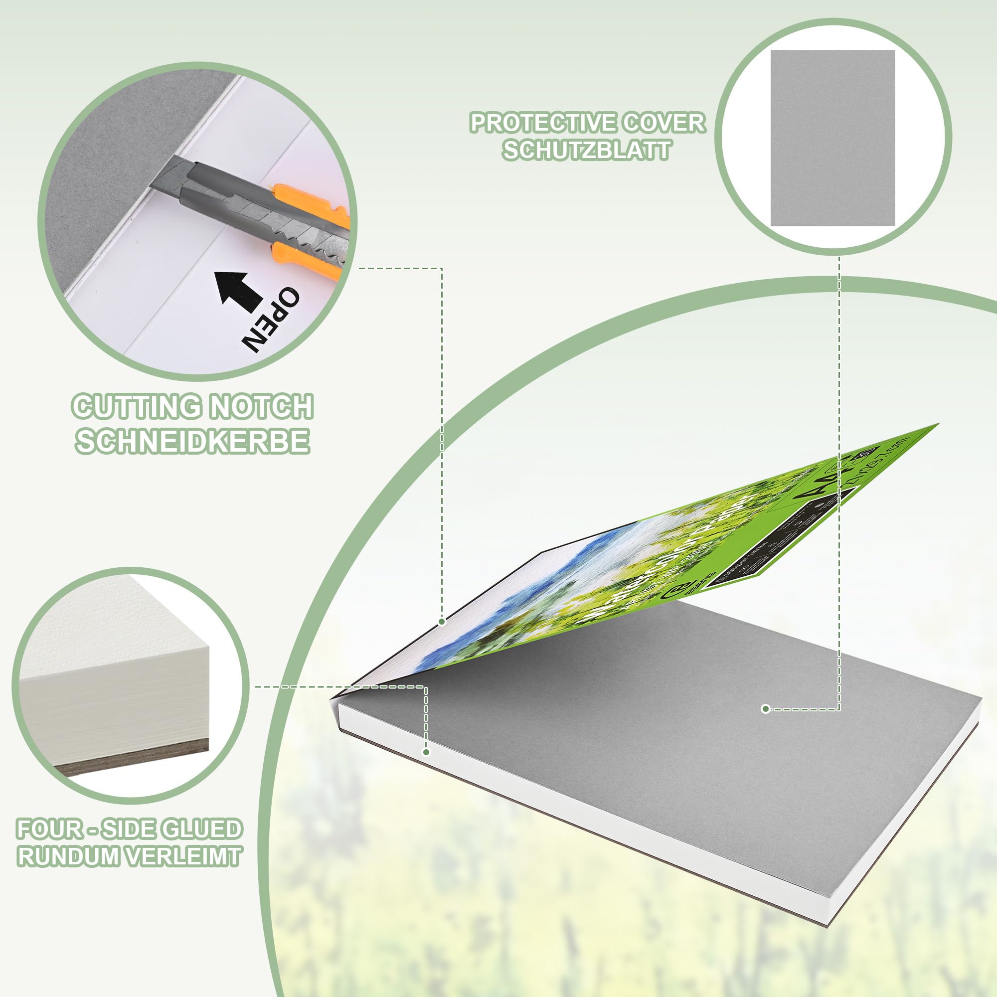 ESENG® Papel de acuarela premium DIN A2, 100% algodón, 30 hojas, 300 g/m², blanco, bloc de acuarela, papel para acuarela, dibujo, pintura