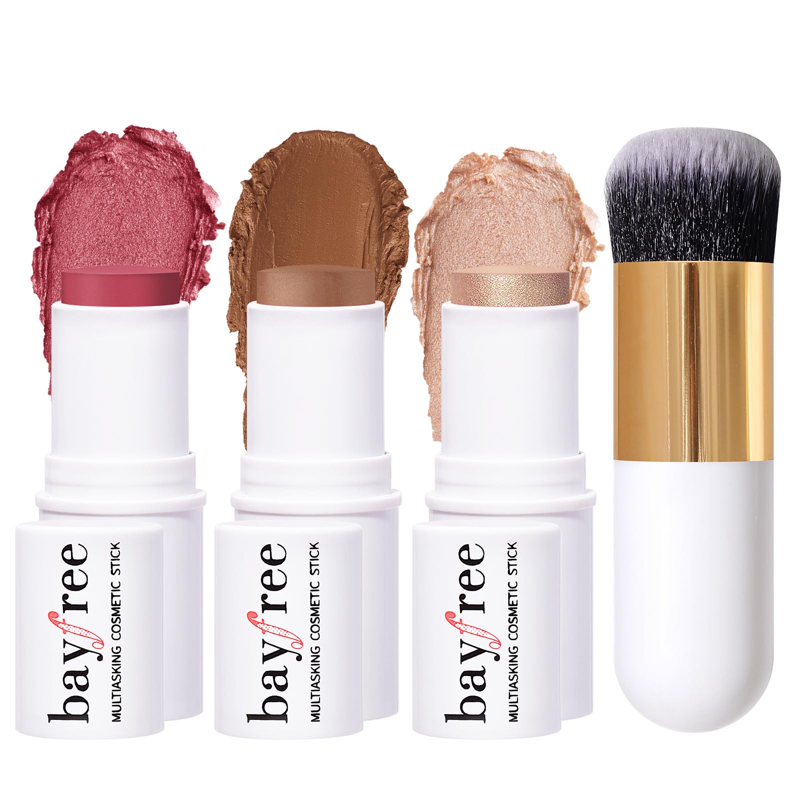 KIMUSEFace Sticks Trio, Cream Blush Stick & Highlighter Stick & Contour Stick for Sculpt the Cheeks, Long Lasting Cream Contour Stick Trio for Face Makeup, with Brush