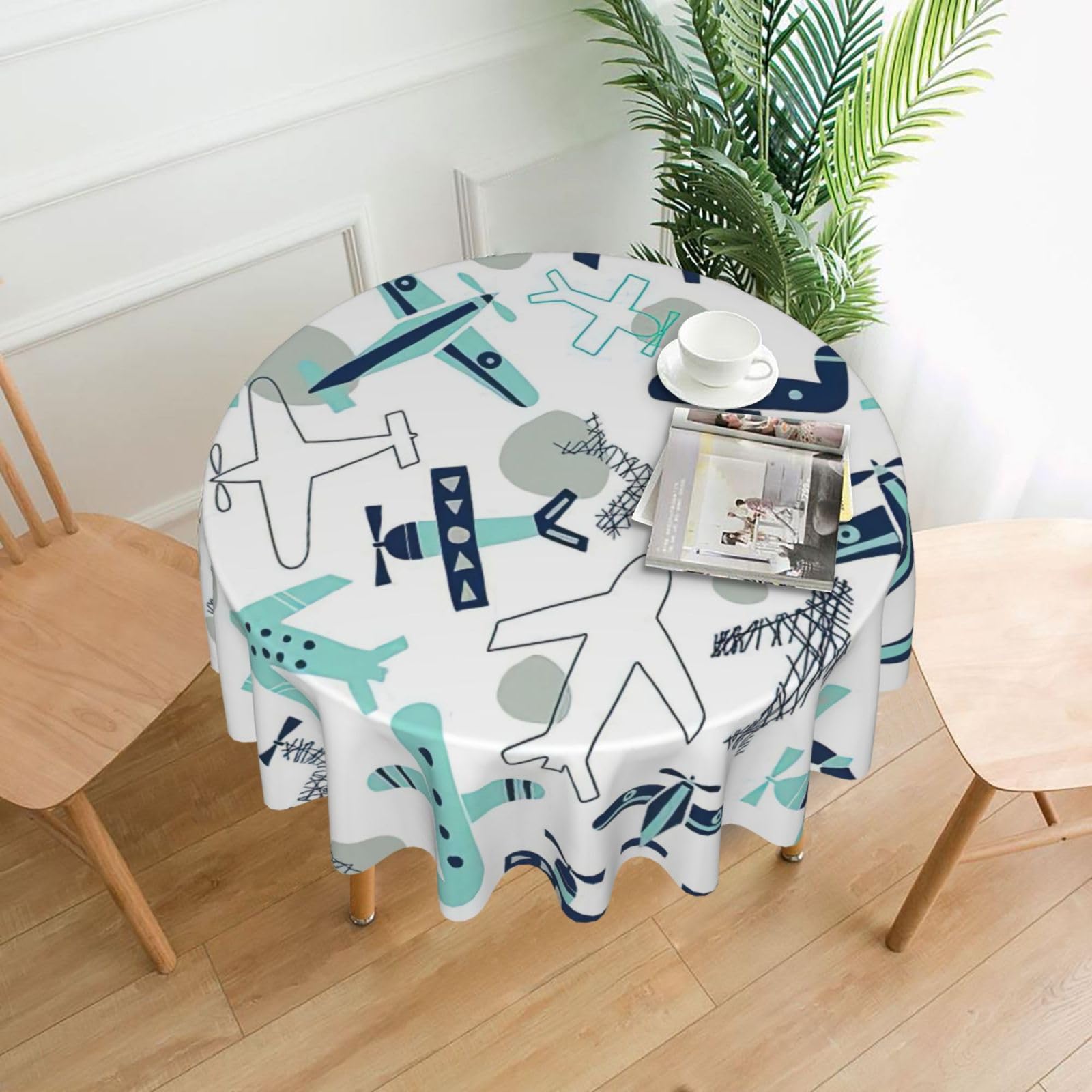 Uusnwaa Airplane Print Round Tablecloth 60 Inch, Stain Wrinkle Resistant Washable Polyester Table Cover For Kitchen Party