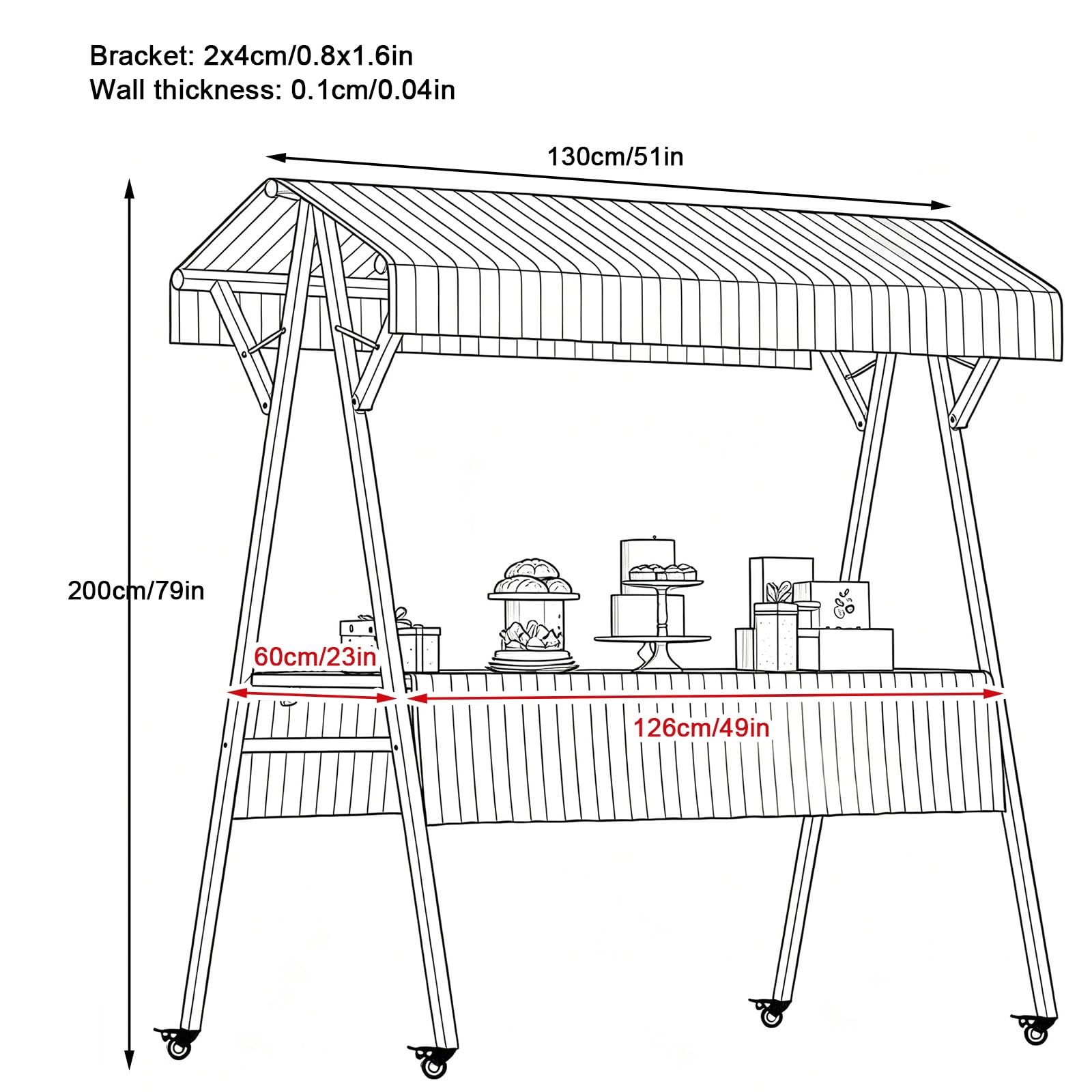 Przenośny Wózek Handlowy, Składane Stoisko Targowe, z Kółkami, Zadaszeniem, Stal Węglowa, na Targ, do Ulicznego Jedzenia i na Imprezy, 150 kg(Yellow,130cm/51in)