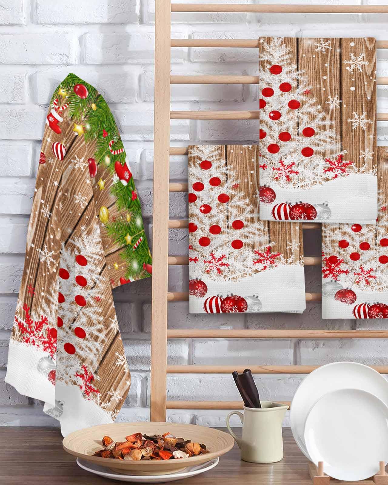Hokiten Christmas Tree Waffle Kitchen Towels Dishcloths, Snowflake Balls Xmas Tree Vintage Absorbent Dish Towels | Hand Towels for Bathroom/Bar, 16 x 24 Inch, 3 Pcs