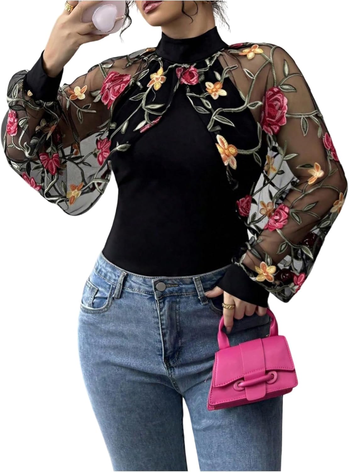 SweatyRocks Women's Plus Size Long Sleeve Mock Neck Embroidery Floral Mesh Slim Fit T Shirts Top