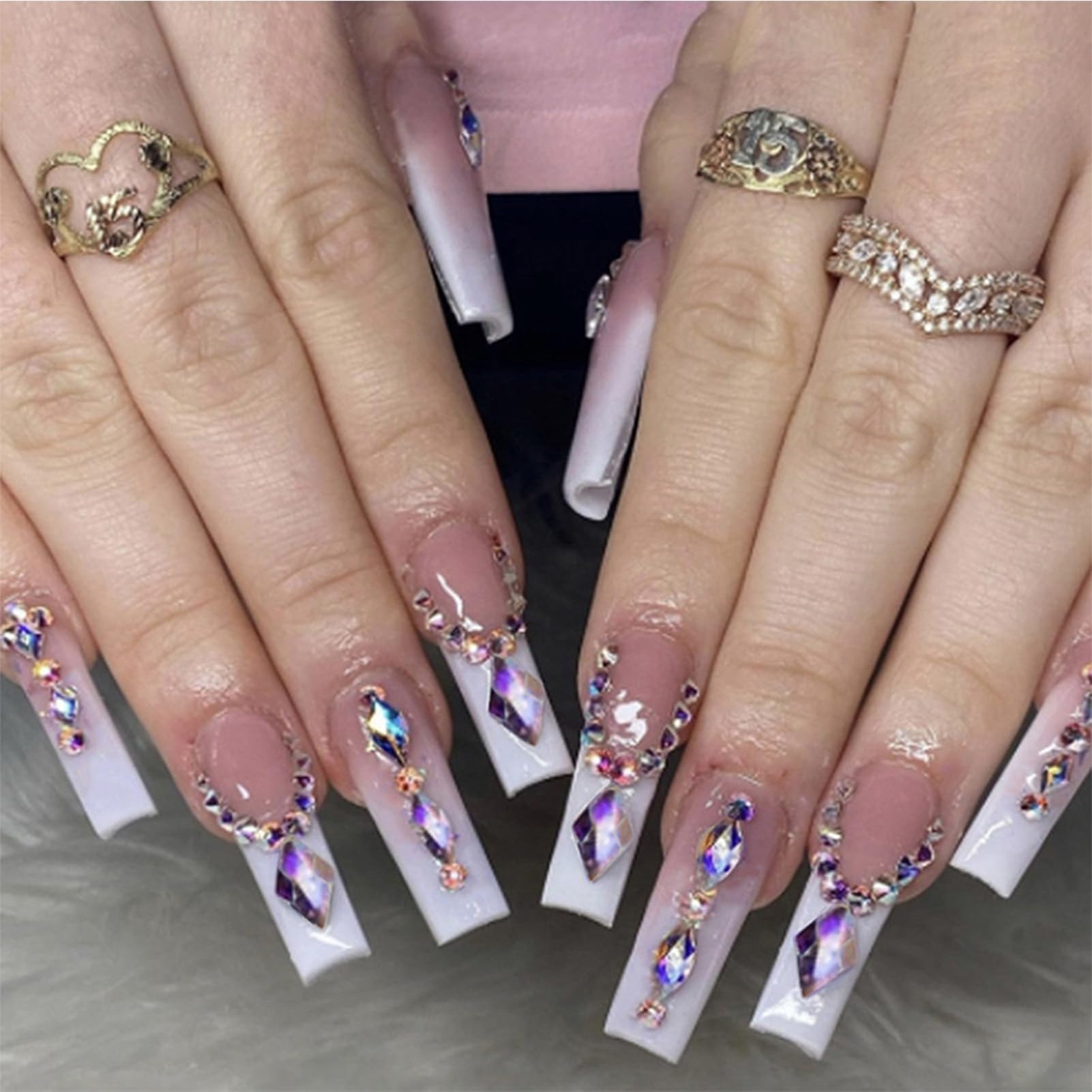 24Pcs Extra Long Press on Nails WAFOLOZE Nails Press ons, False Nail with Rhinestones Designs French Tip Acrylic Artificial Glossy Stick on Nail for