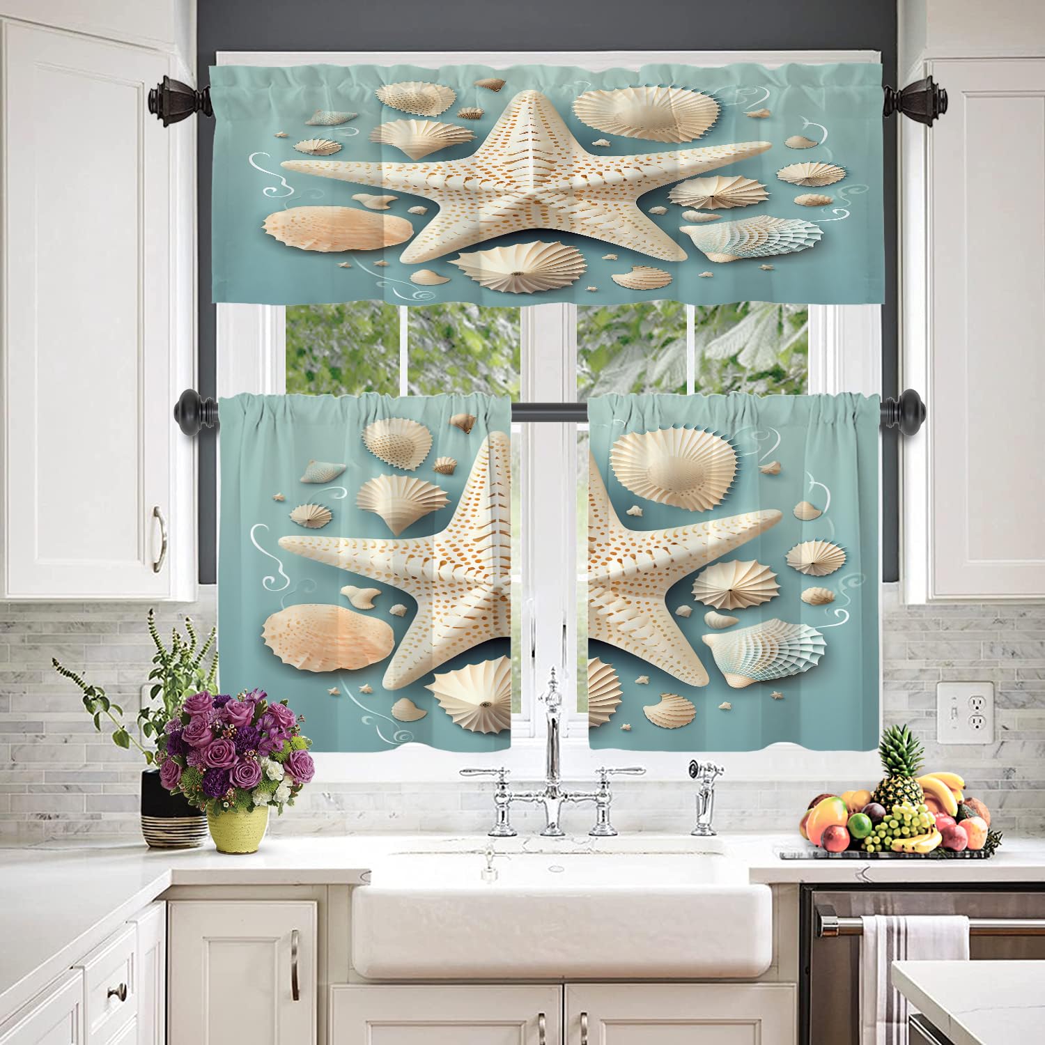BaoNews Seashells Starfish Kitchen Tier Curtains for Windows, Coastal Decorations Blackout Valances Multilayer Polyester Window Treatments for Kitchen 2 Pack 26X24 Inches