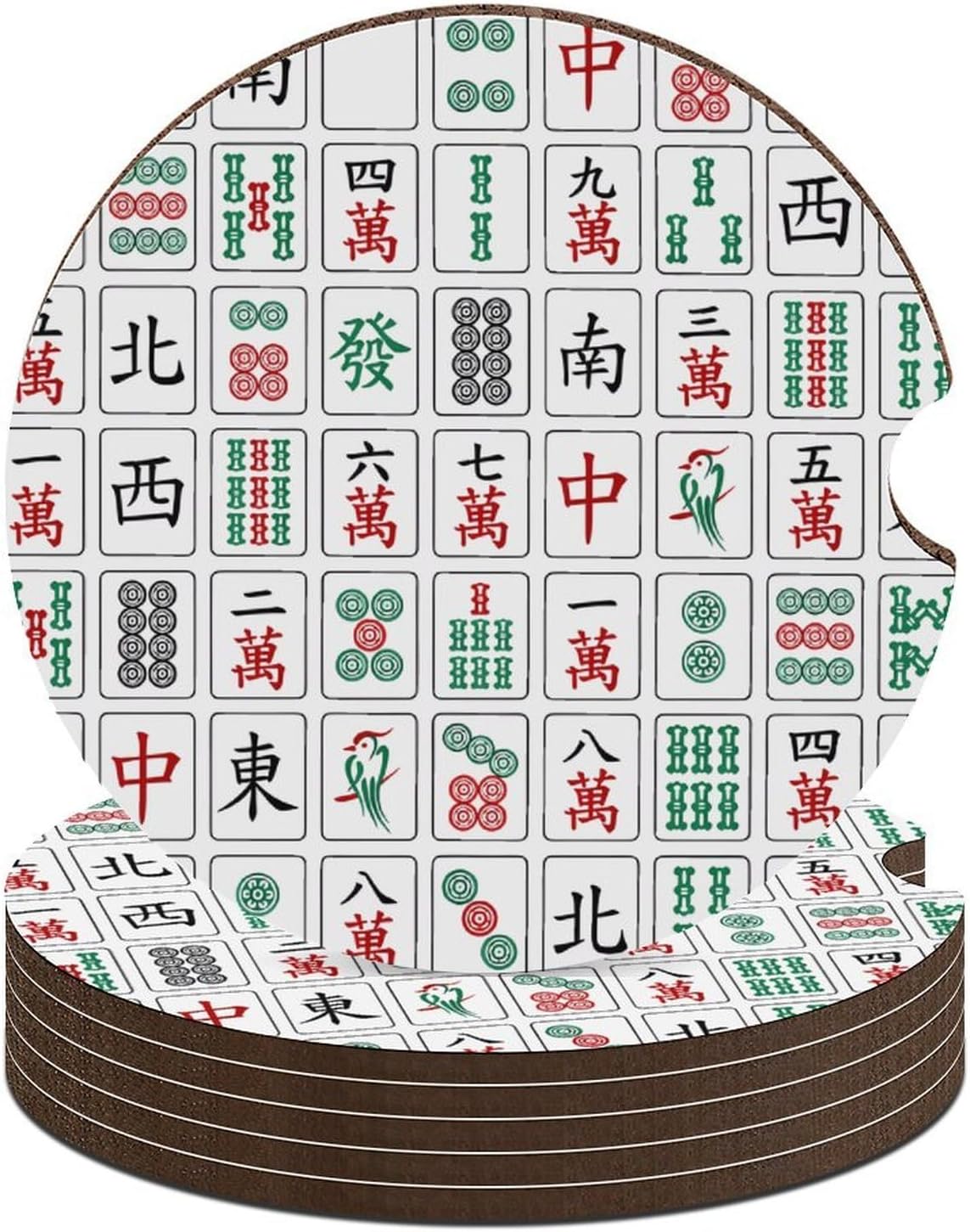Mahjong Pattern Cute Car Coasters 2.56 Inch Absorbent Cup Holder for Drinks Auto Interior Accessories