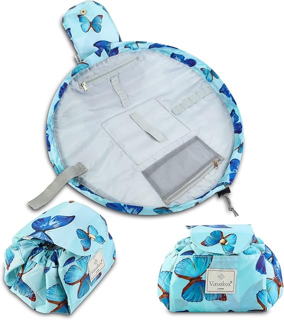 Lazy Drawstring Make up Bag Portable Large Travel Cosmetic Bag Pouch Travel Makeup Pouch Storage Organiser for Women Girl (Butterfly, 20 Inch Upgrade)