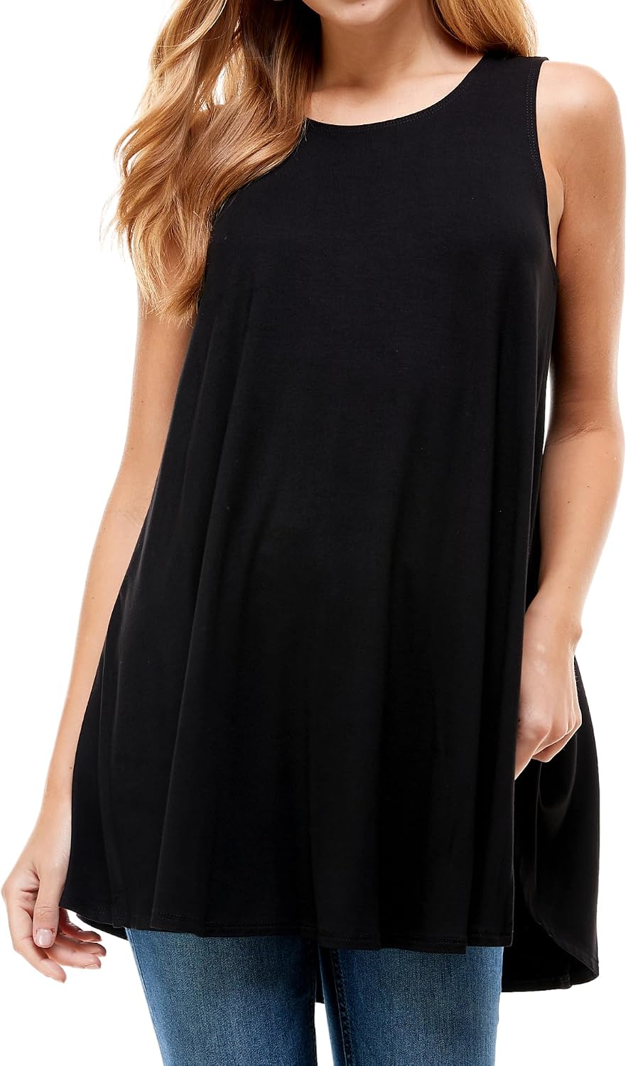 Azules Sleeveless Tunic Top, Flowy Loose Fit Rayon Dressy Long Tunic Tank Tops for Women (Petite & Plus Size)