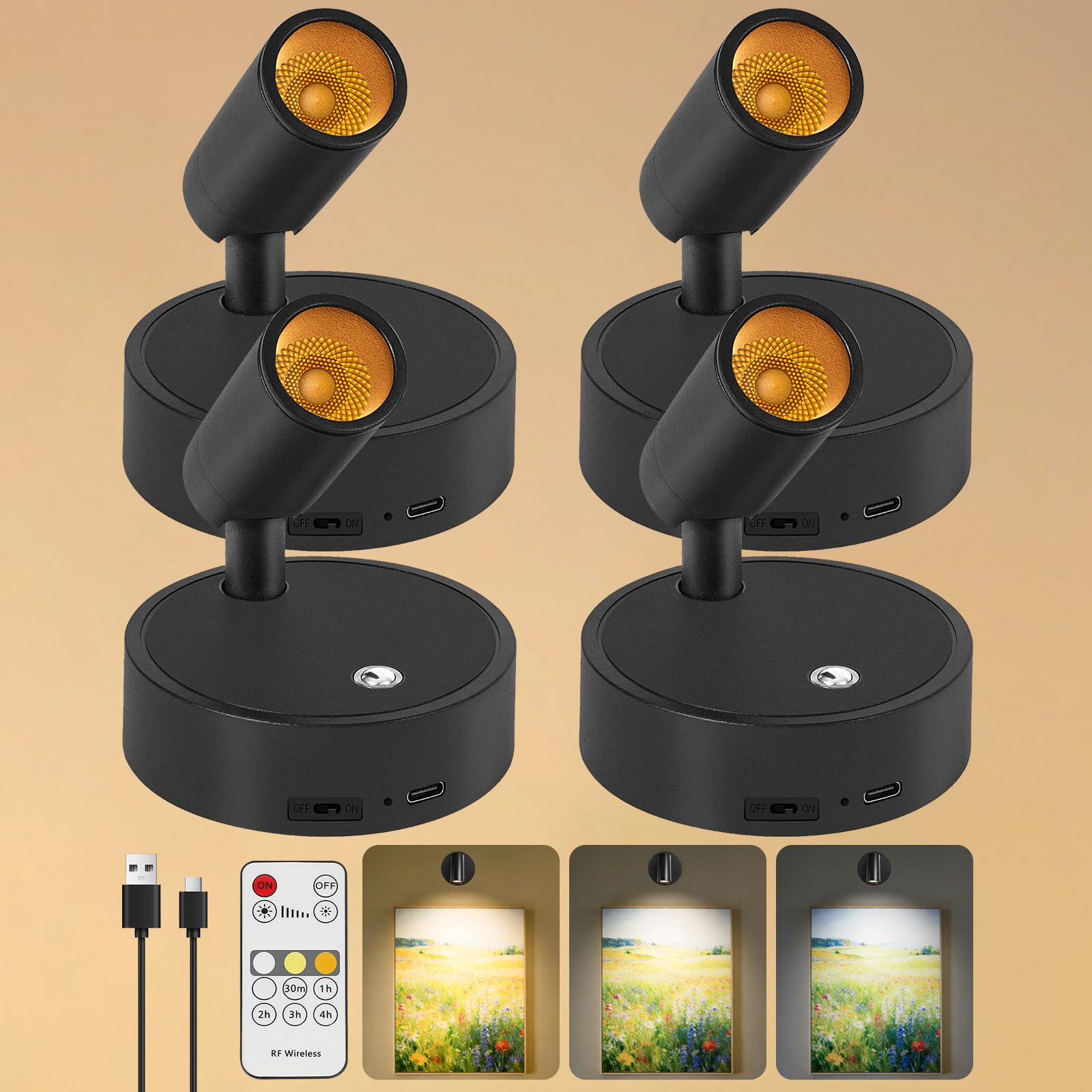 Applique Camera da Letto con Telecomando - Faretto a Batteria 3 Temperature di Colore - Faretto LED di Ricarica USB Intensità Variabile con Funzione Timer - Adatto per Arte, Piante, 4 Pezzo