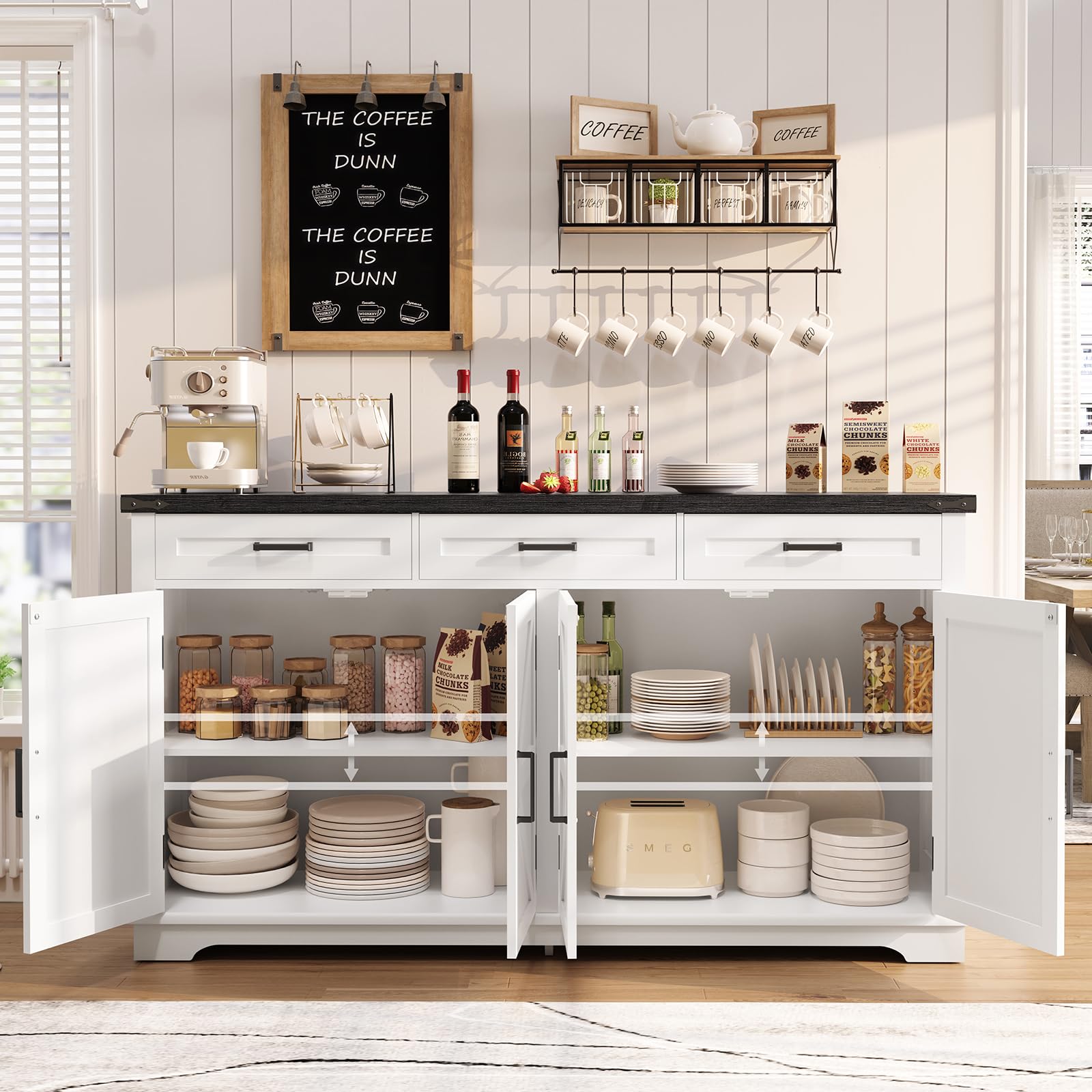 TEENFON 155 cm Aparadores para Salon con 3 Cajones, Aparador Cocina con Estantes Ajustables, Armario Cocin con Encimera para Pasillo Comedor- 155 x 40 x 80 cm - Blanco