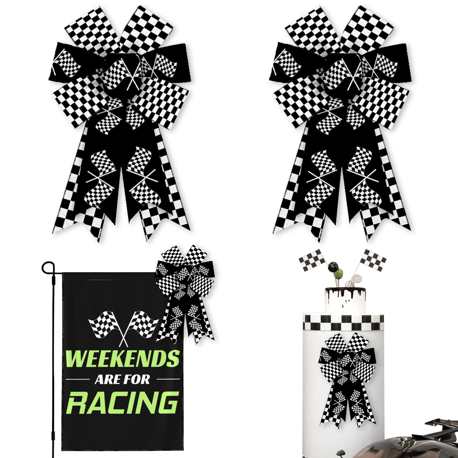 ALIBBON 2 Pcs Racing Checkered Flag Bows for Wreaths, Black White Wreath Bows, Sports Bows for Front Door, Race Party Decor, Race Car Burlap Bows for Sports Wreath Indoor Outdoor Decoration