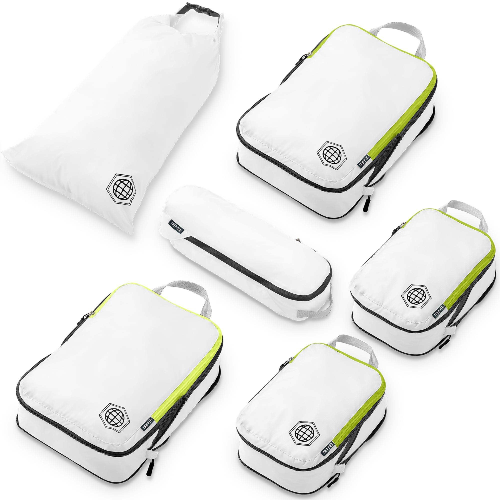 TRIPPED Travel Gear Compresión embalaje cubos 6 Piece Set Carryon equipaje resistente ligero viajes organizador bolsas con cremallera doble (blanco y verde)