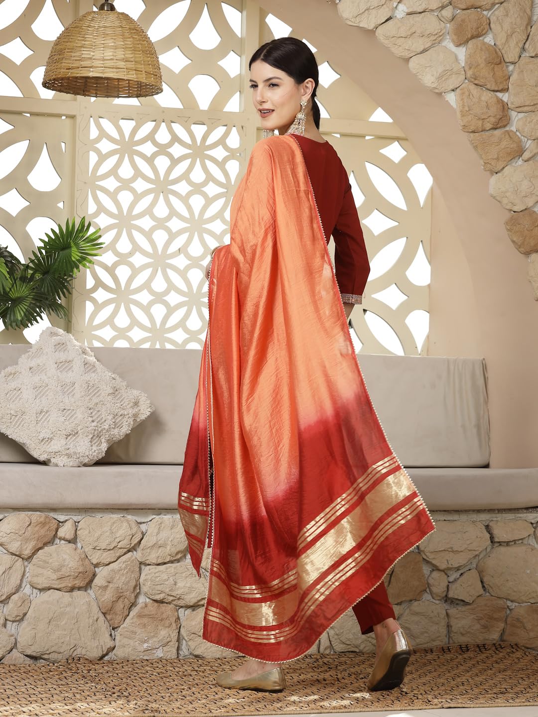 Stylum Women's Solid & Embroidered Rayon Straight Kurta Pant & Dupatta Set (Kpdrustkaavi38_Rust, M)