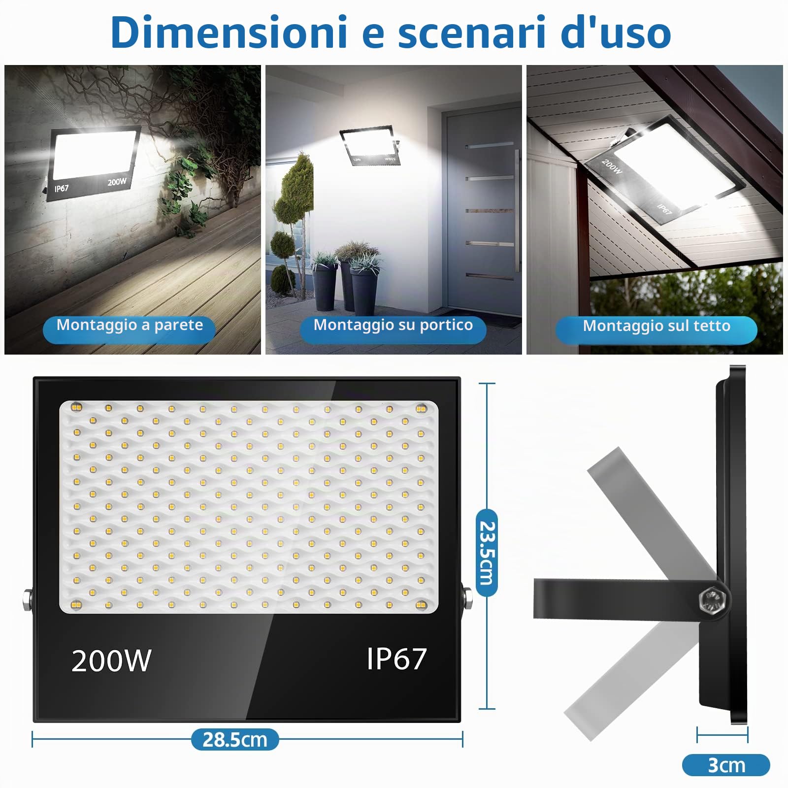 200W Faretto LED da Esterno, 20000LM 7000K Faretti LED,IP67 Impermeabile Super Luminoso Bianco Freddo Luce di Sicurezza per Casa, Cortile, Giardino, Palestra, Garage