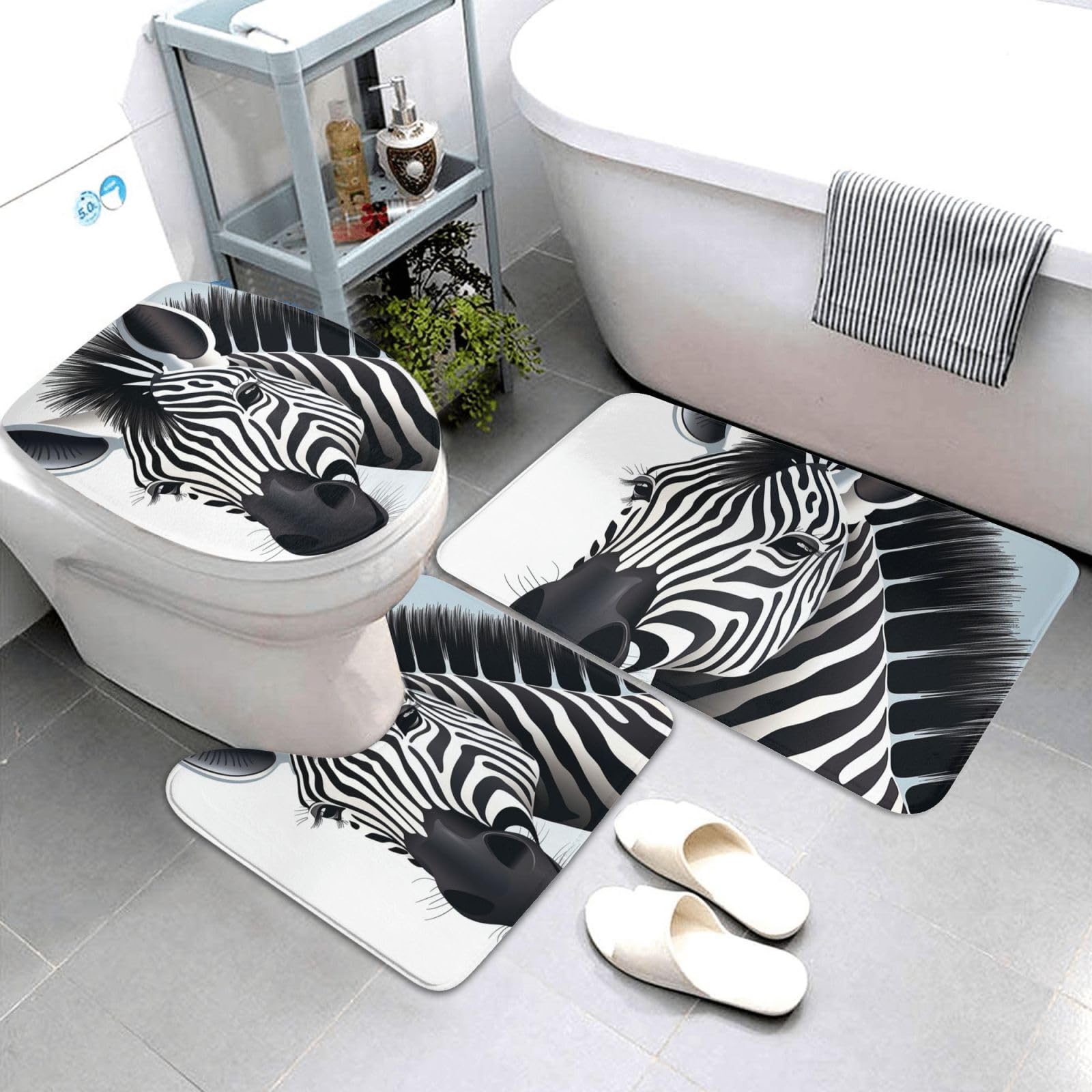 Dwrepo Zebra Print Bathroom Rug Set 3 Piece with Non-Slip U-Shaped Contour Mat and Toilet Lid Cover for Bathroom Decoration