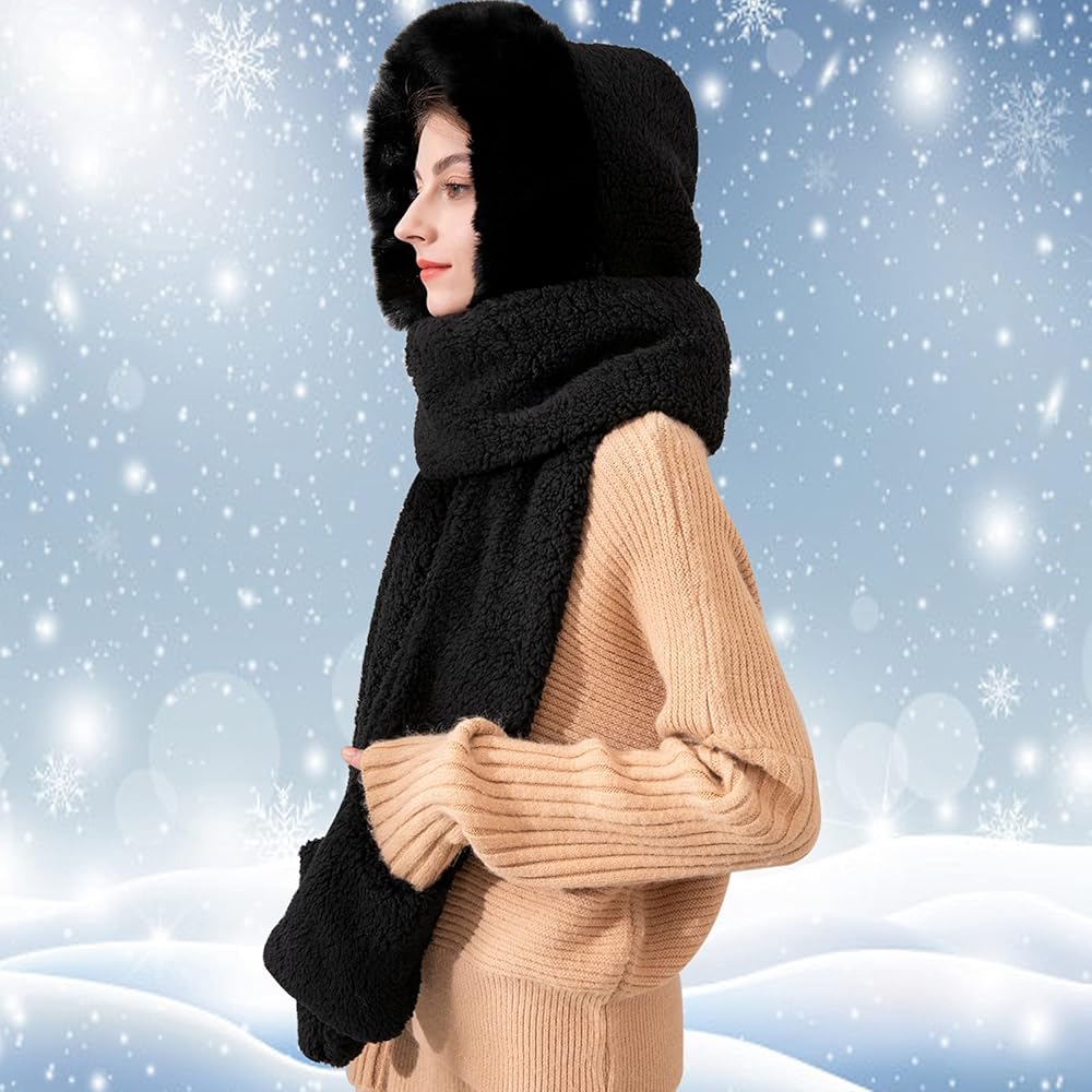 Winter Hat Scarf Glove Set for Women,Warm Women Siamese Hooded