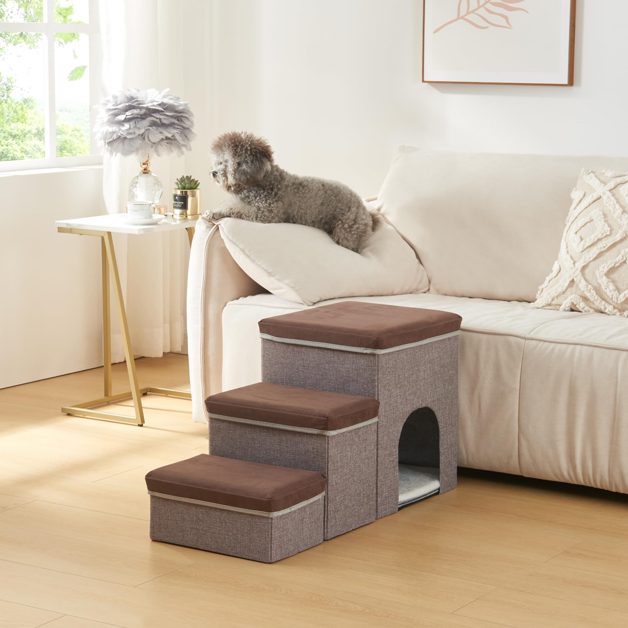 [en.casa] Hundetreppe Vojens mit Stauraum und Höhle 76x33x43 cm Braun/Grau