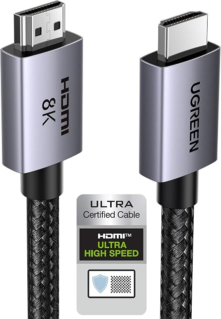 UGREEN 8K HDMI 2.1 Cable 48Gbps 6.6FT, Certified Ultra High Speed HDMI Cord Aluminum, 4K@240Hz 120Hz 10K 8K@60Hz, HDCP 2.2&2.3, eARC HDR 10 Dolby Compatible with PS5/Blu-ray/Roku TV/Switch/TV/Monitor