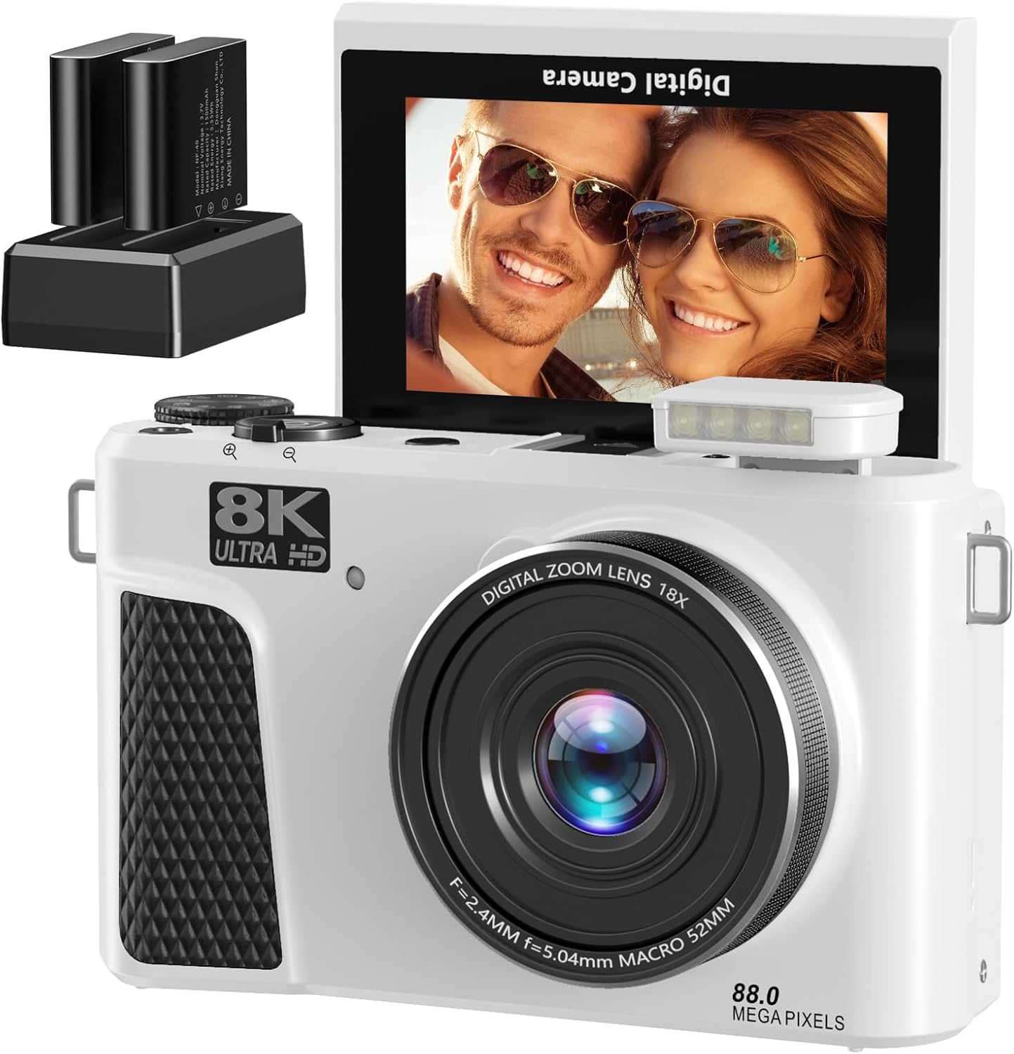 8K 88MP Digital Camera for Photography with WiFi, 18X Digital Zoom Vlogging Camera for YouTube,Point and Shoot Cameras with 32GB TF Card, 2 Batteries & Hot Shoe(White)