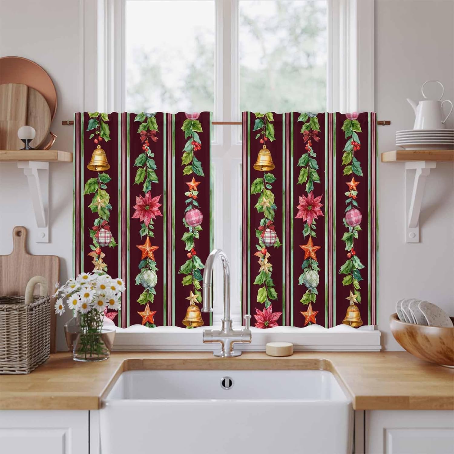 Merry Christmas Kitchen Tier Curtains 45 Inch Long 2 Panel Set,Rod Pocket Short Window Treatment,Poinsettia Flower Xmas Leaves Bell New Year Curtains & Drapes for Bathroom Basement 27.5"W x 45"L