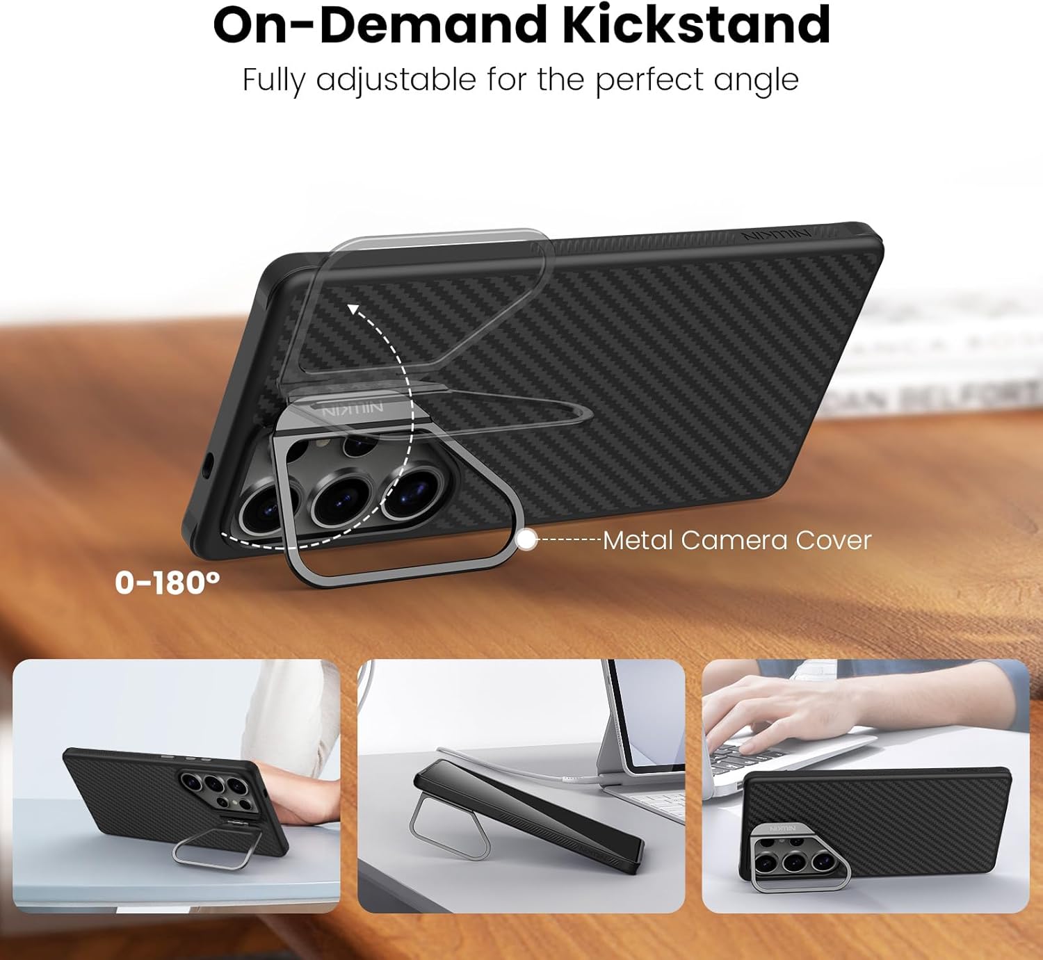 Nillkin for Samsung Galaxy S25 Ultra Carbon Fiber Case with Camera Kickstand [ Compatible with Magsafe/Military Grade Drop Tested ]- 6.9'' Black