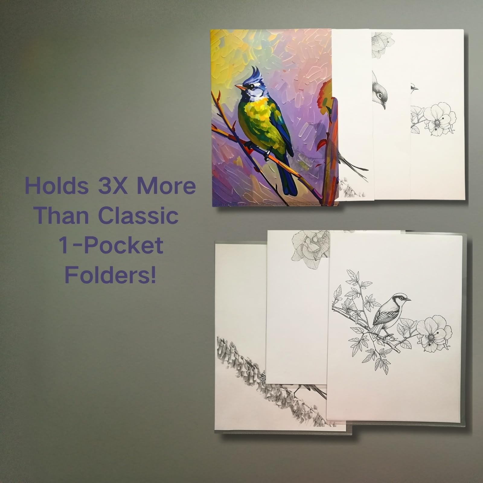 VIVALDI'S Seasons: Avian Impressions - Carpeta de documentos artísticos con 3 bolsillos en forma de L (4 unidades) | Diseño de pintura al óleo de pájaros impermeable | Embalaje artístico personalizado