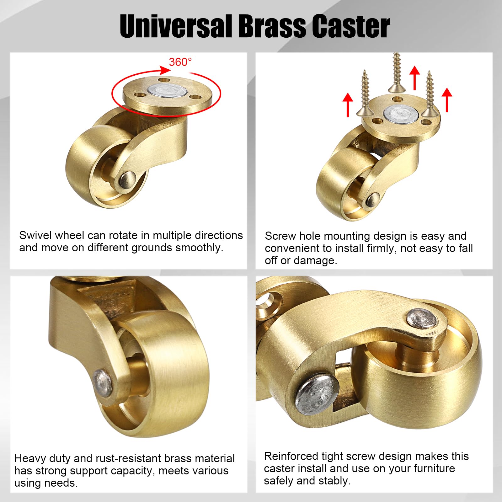IGNPION Set di 4 ruote universali girevoli a 360°, in ottone massiccio, per mobili, senza stelo, 24 mm