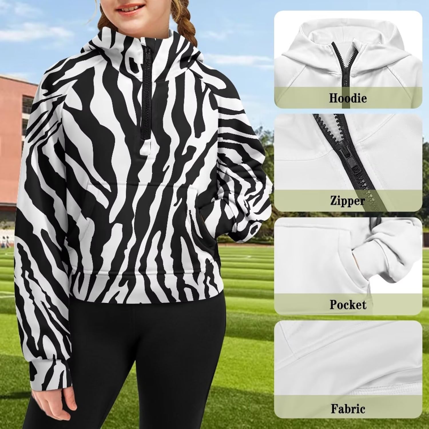 Girls Casual Hoodies Cropped Half Zip Fashion Pullover Tops Kids Long Sleeve Workout Running Sweatshirt with Pocket