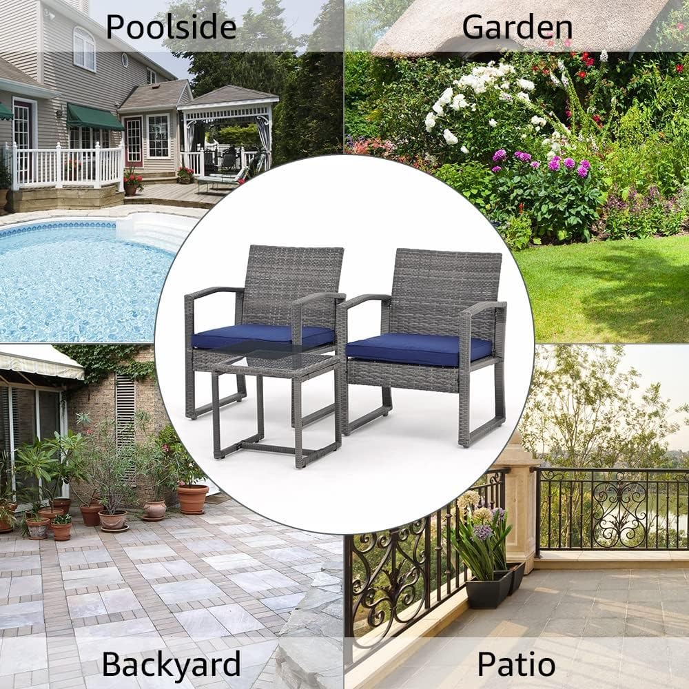 3 Pieces Outdoor Patio Furniture Set Wicker Conversation Sets Rattan Chair Modern Bistro with Coffee Table for Backyard Porch Balcony Poolside Garden(Blue)