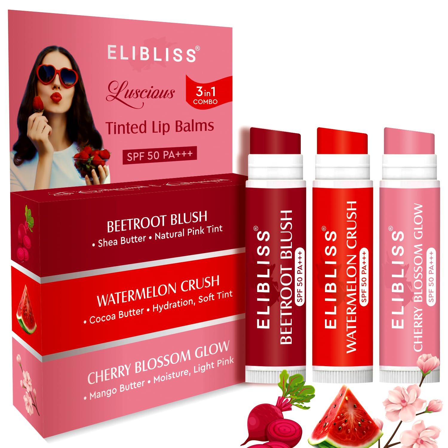 ELIBLISS 3 in 1 Lip Balm Combo Pack - Beetroot Blush, Watermelon Crush & Cherry Blossom Glow with SPF 50 PA+++, Moisturizing & Long-lasting Lip Care 5g Each-image-19