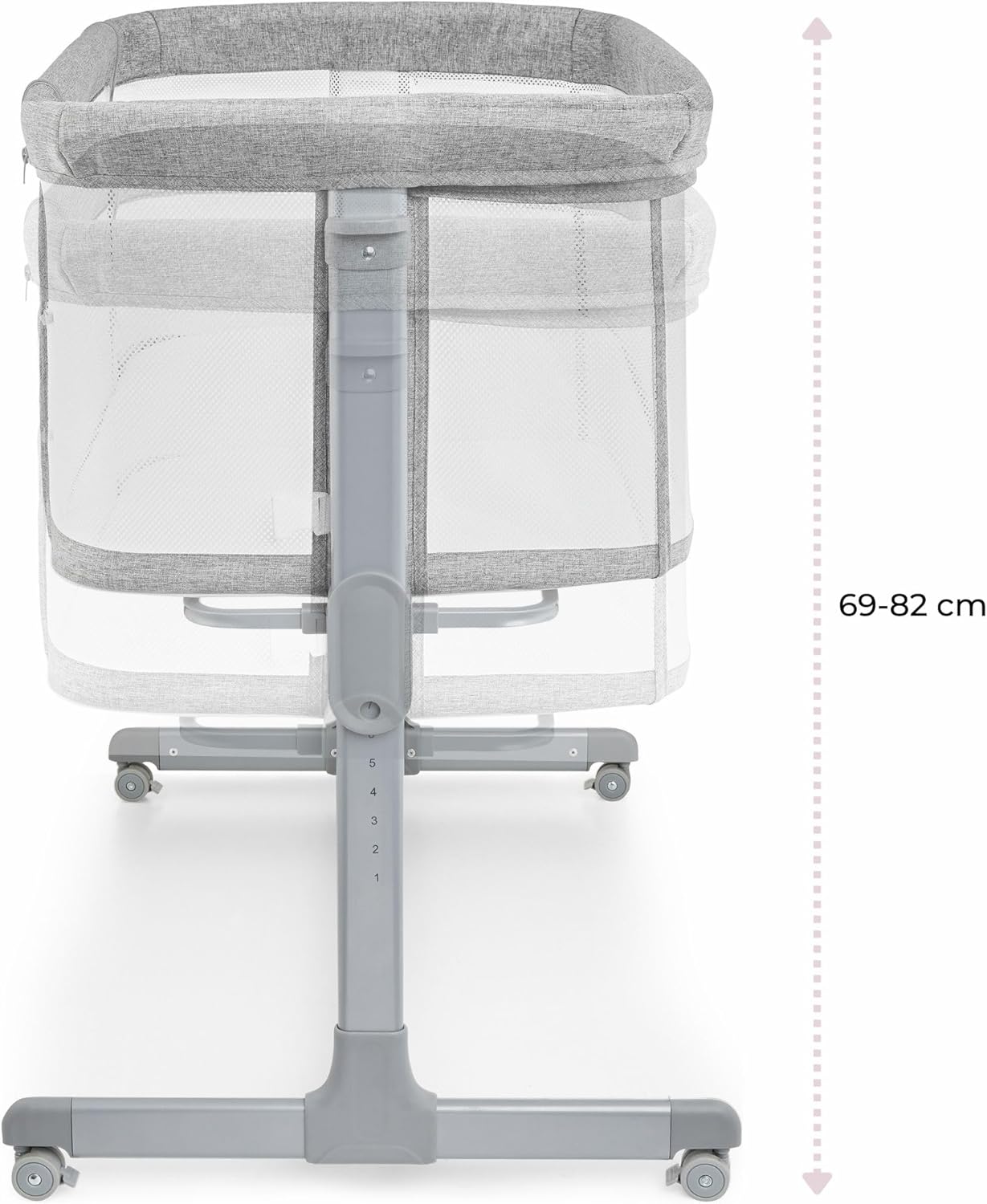 сторона view of the Moby-System LUNA bassinet with overall dimensions: 88cm length, 56cm width, and adjustable height from 69-82cm