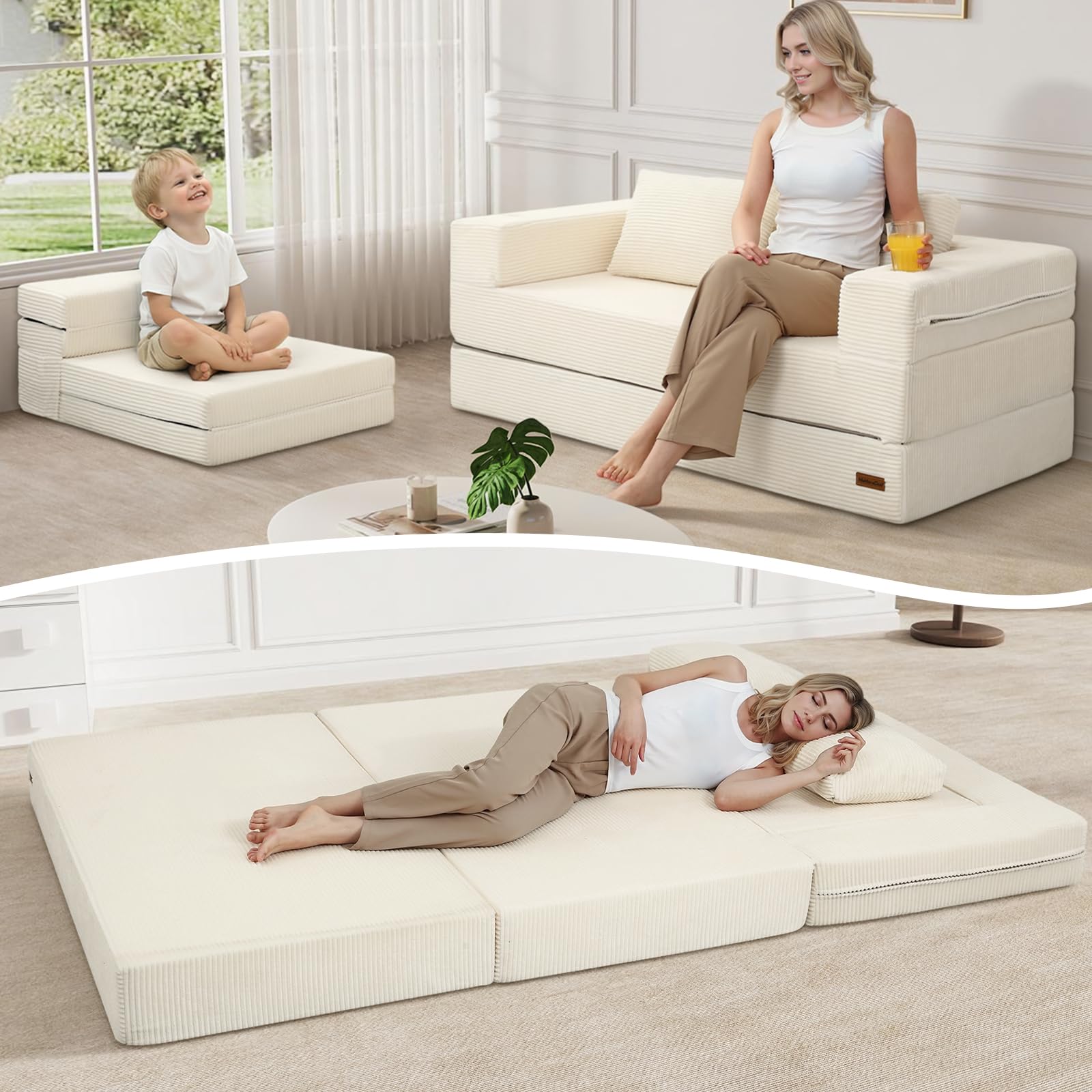 MeMoreCool Boneless Futon-Schlafsofa, faltbares Bodensofa mit Kissen, klappbares Cord-Schlafsofa, ausklappbares Zweisitzer-Sofa für Wohnzimmer und kleine Räume, Beige