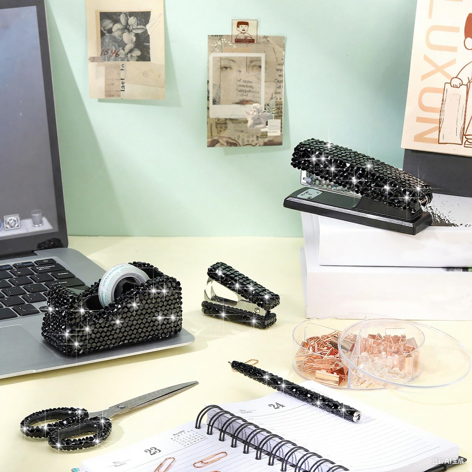 Demissle 7-teiliges Schreibtisch-Zubehör-Set mit Glitzerkristall, Bürobedarf-Set für Frauen, Diamant-Klebebandabroller, Strass, Hefter, Kartenhalter, Bleistift, Topflappen, Schere, Kugelschreiber
