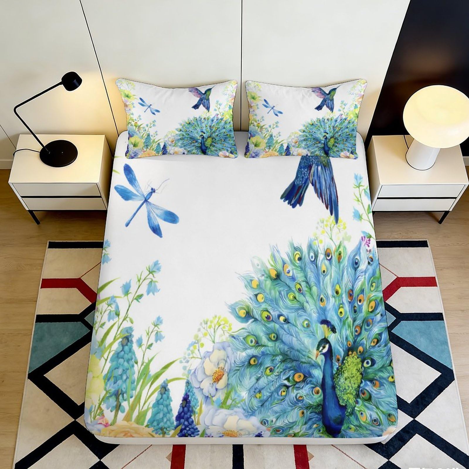 3D Printed Peacock Bird Fitted Sheet Microfiber Soft Mattress Cover Anti-Slip Floral Decor for Bedroom Dorm Easy Care 90x200x25cm