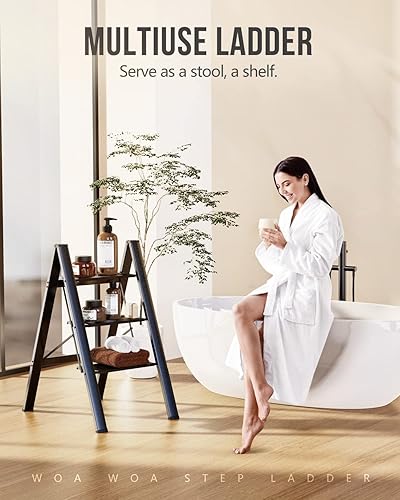 Miniatura 8 de WOA WOA Escalera plegable de 3 escalones, ligera y portátil de 3 peldaños con pedal antideslizante, escalera de aluminio, taburete para oficina,