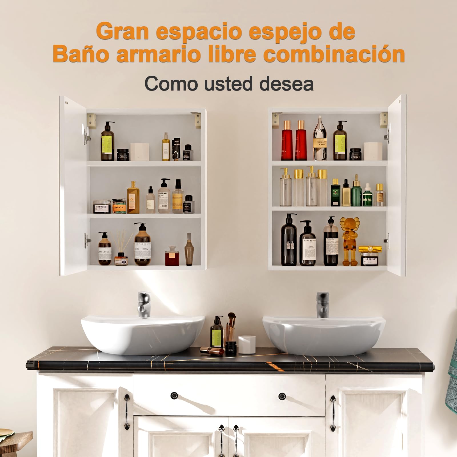Armario Espejo baño con luz, Mueble de Baño, 3 Estantes Ajustable