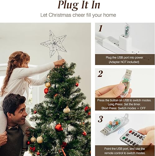 Miniatura 113 de Lewondr Decoración para árbol de Navidad, control remoto alimentado por USB, temporizador de 6 horas, estrella de árbol controlada con luces y Plata