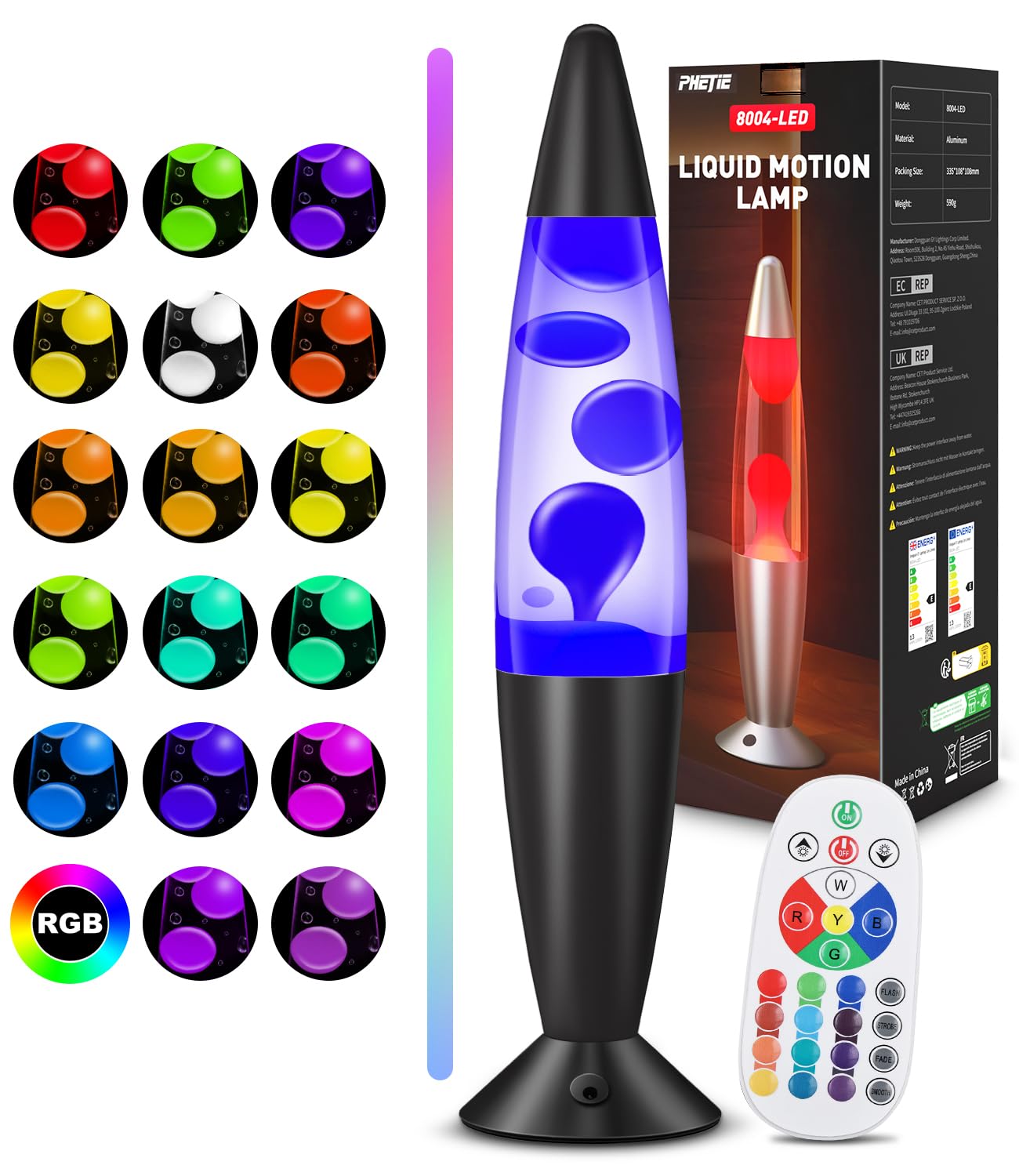 Lámpara de Lava LED con Mando a Distancia, 17 Colores Cambiantes con Modo Automático, Temporizador 8H, Alcance 15m, Lámpara de Ambiente para Dormitorio, Oficina, Salón