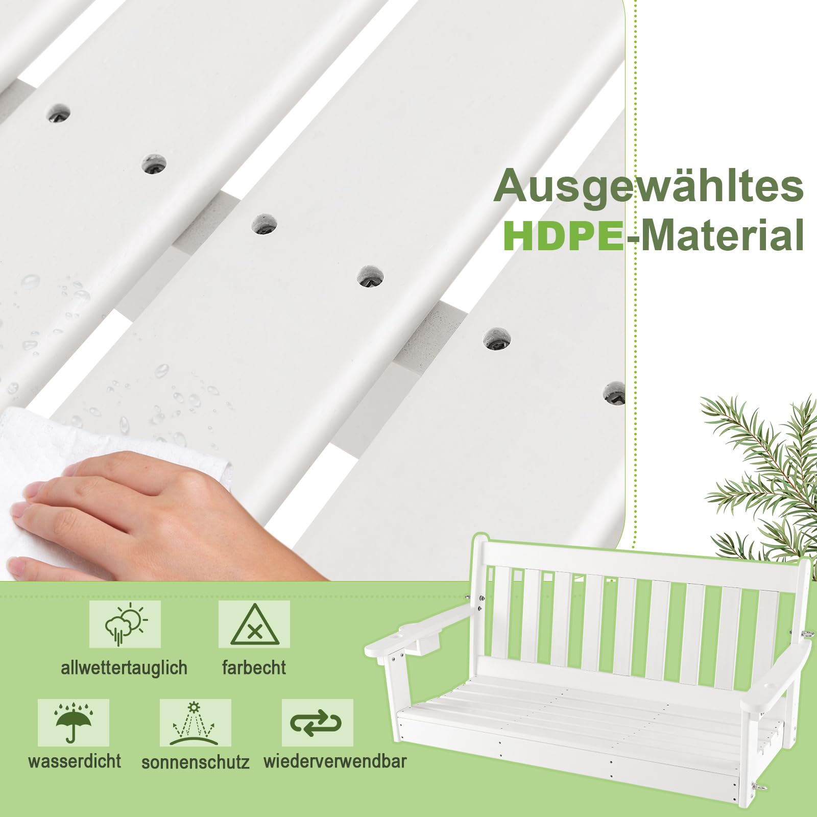 COSTWAY Hängebank aus HDPE, 2-Sitzer Gartenschaukel zum Aufhängen, bis 320 kg belastbar, Hängebank mit verstecktem Getränkehalter & verstellbaren Sicherheitsketten, für Garten, Hof, Veranda